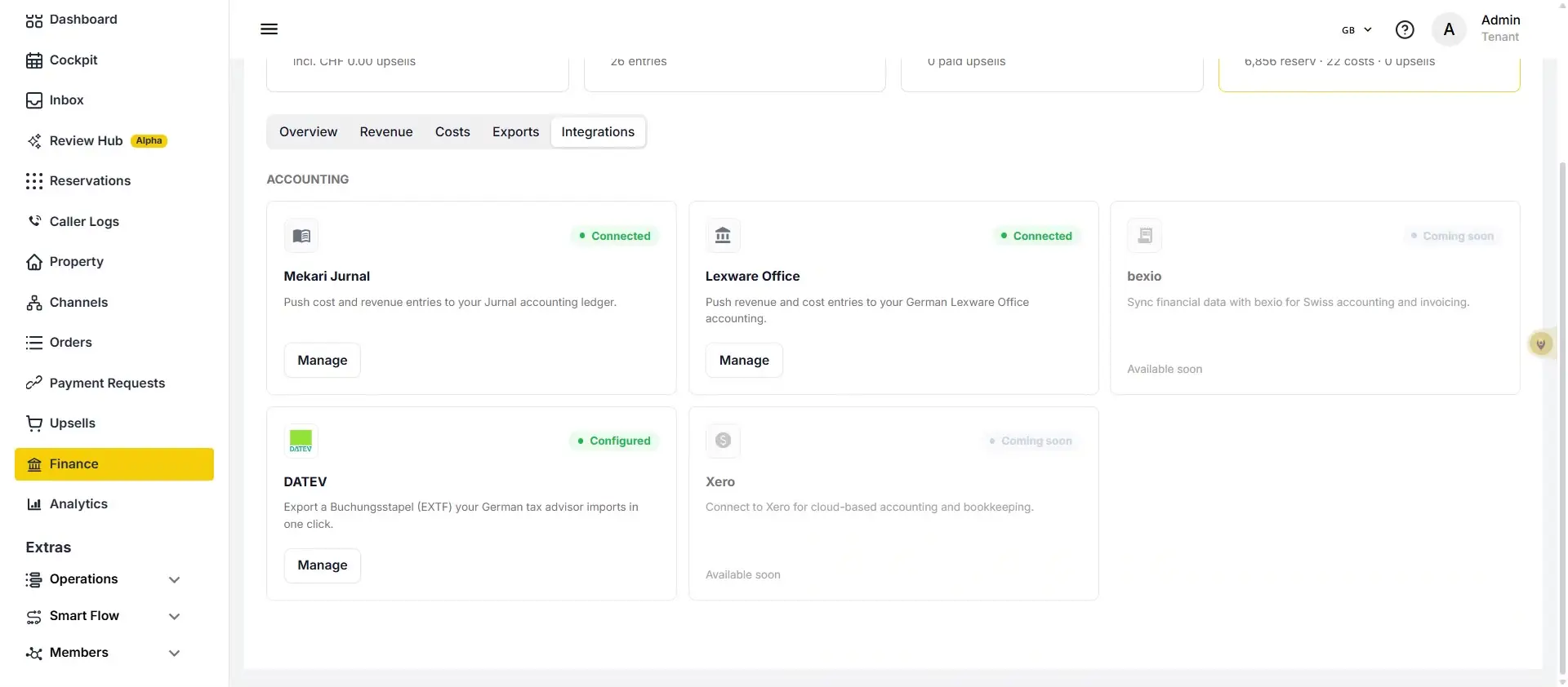The Finance section displays accounting integrations. Mekari Jurnal and Lexware Office are connected, while DATEV is configured. Bexio and Xero integrations are coming soon.