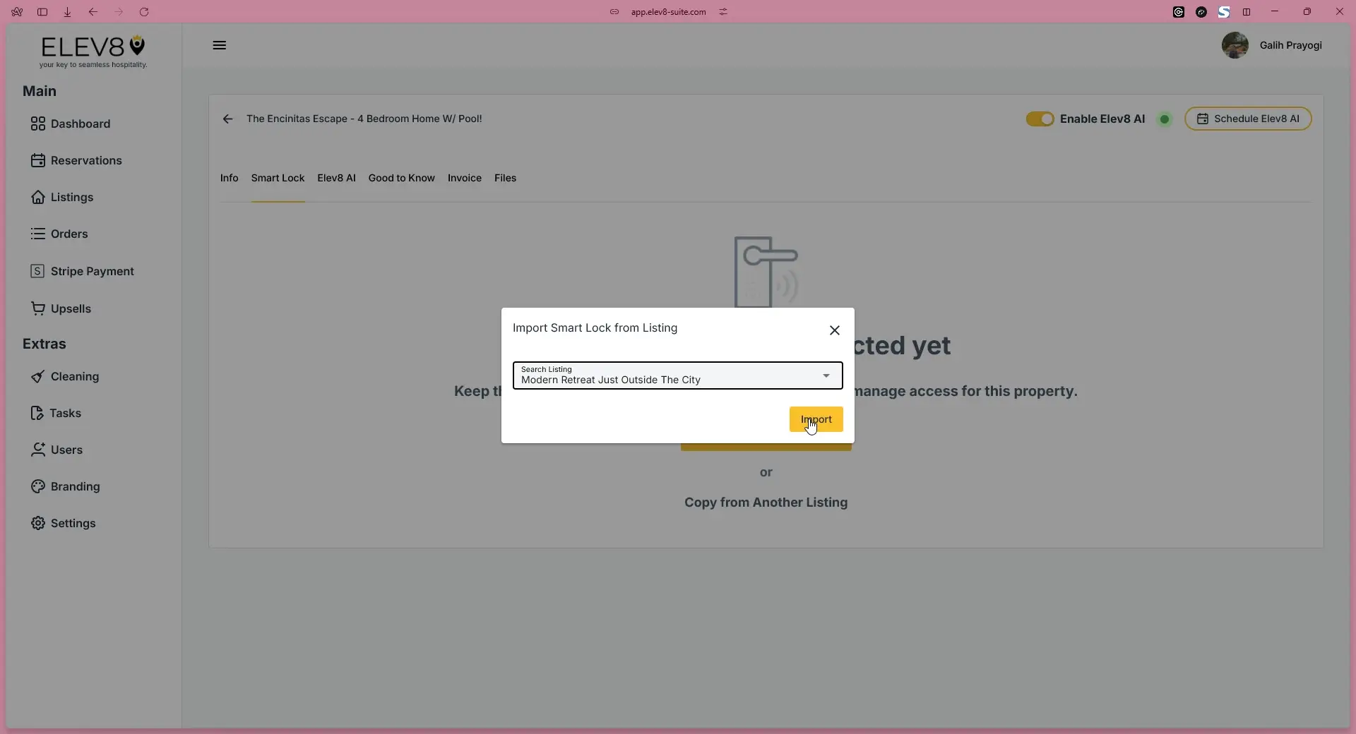 ELEV8 app Listings feature with Import Smart Lock from Listing pop-up