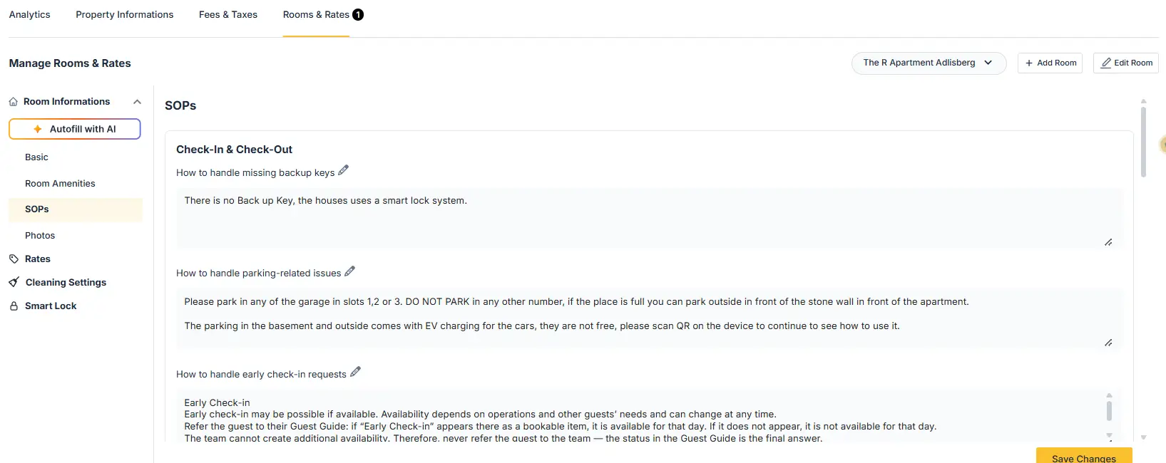 ELEV8 Manage Rooms & Rates SOPs section with procedures for Check-In & Check-Out
