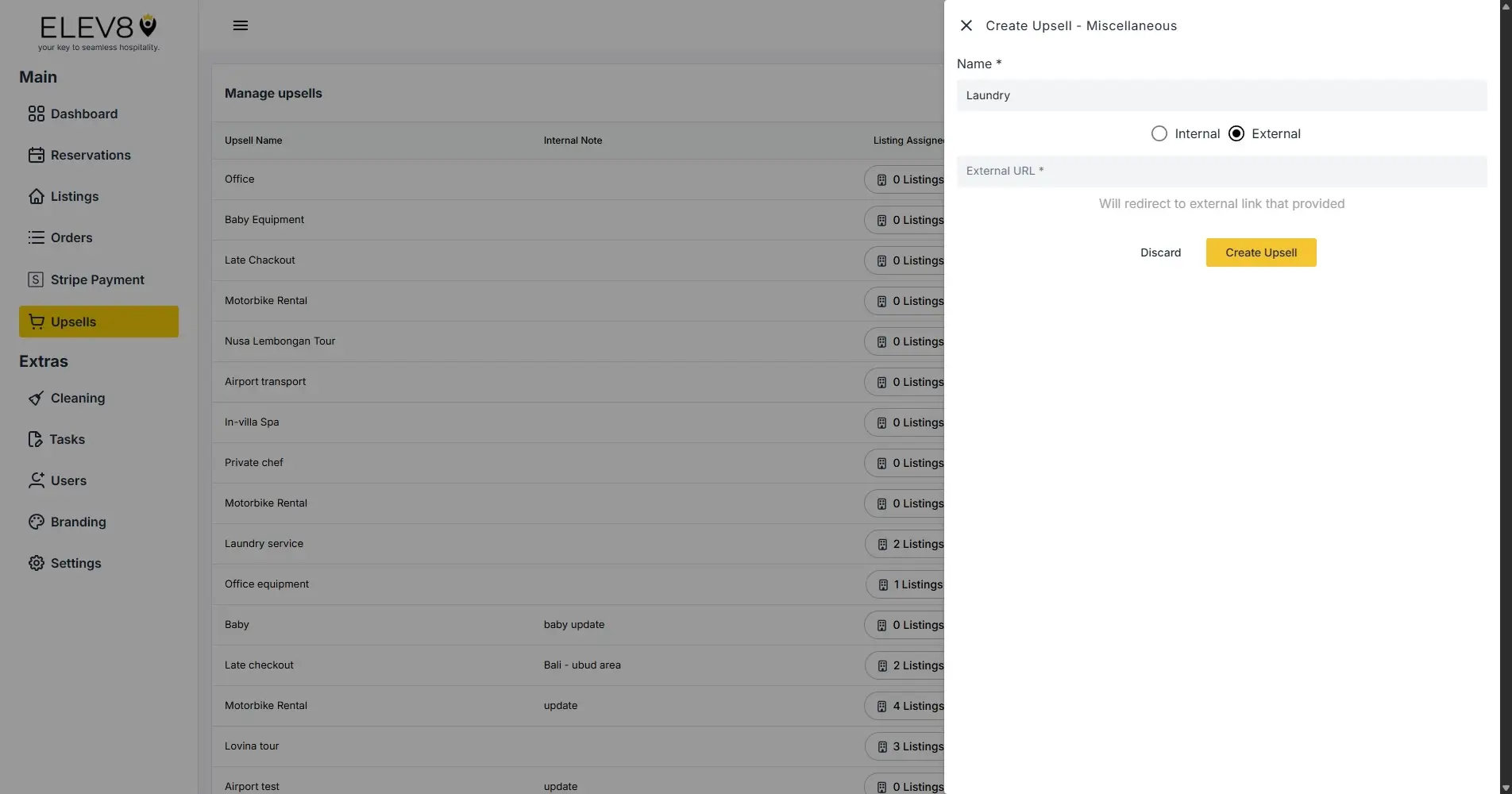 ELEV8 platform upsells section with create upsell panel open.