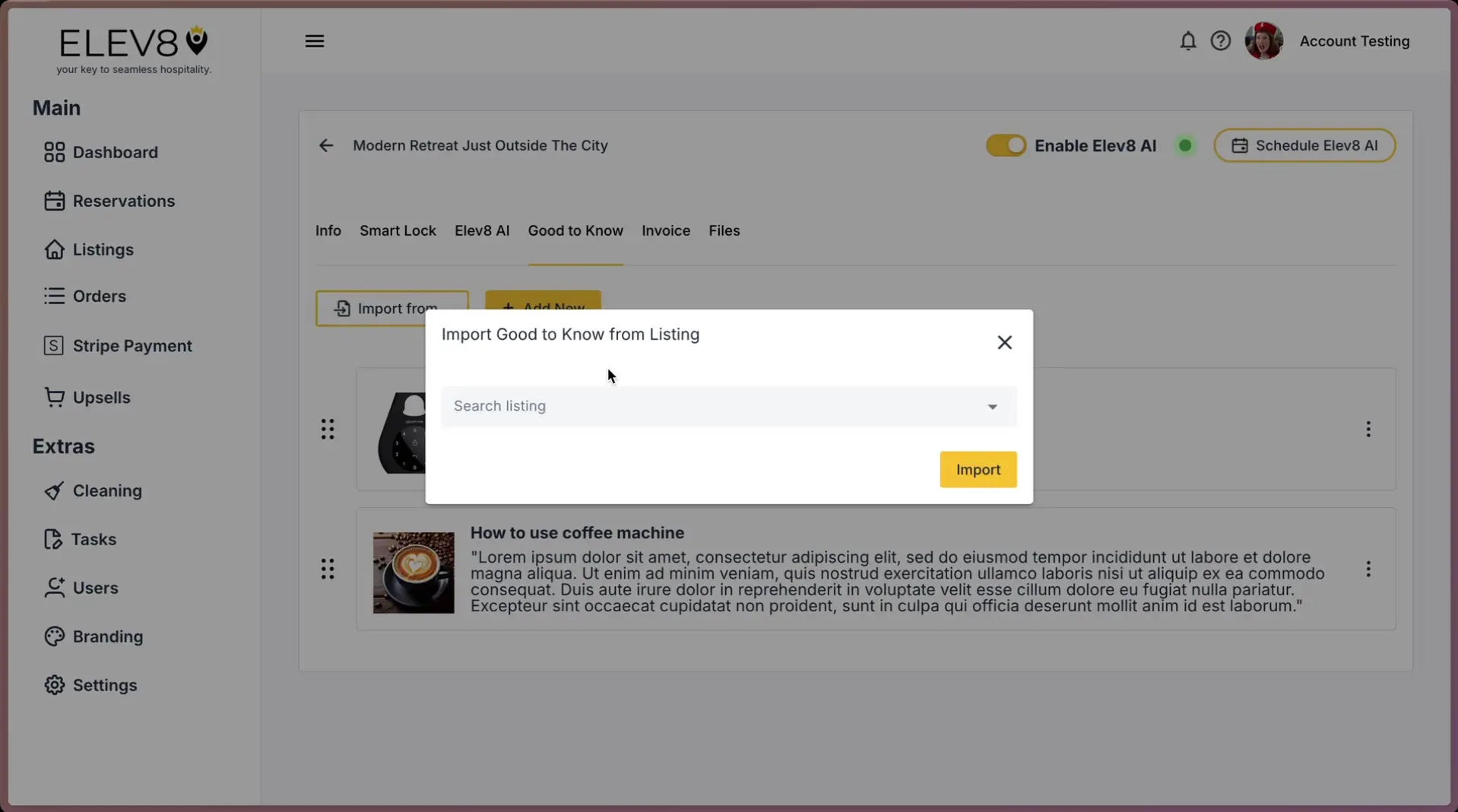 ELEV8 platform interface showing 'Good to Know' tab with import listing modal open.