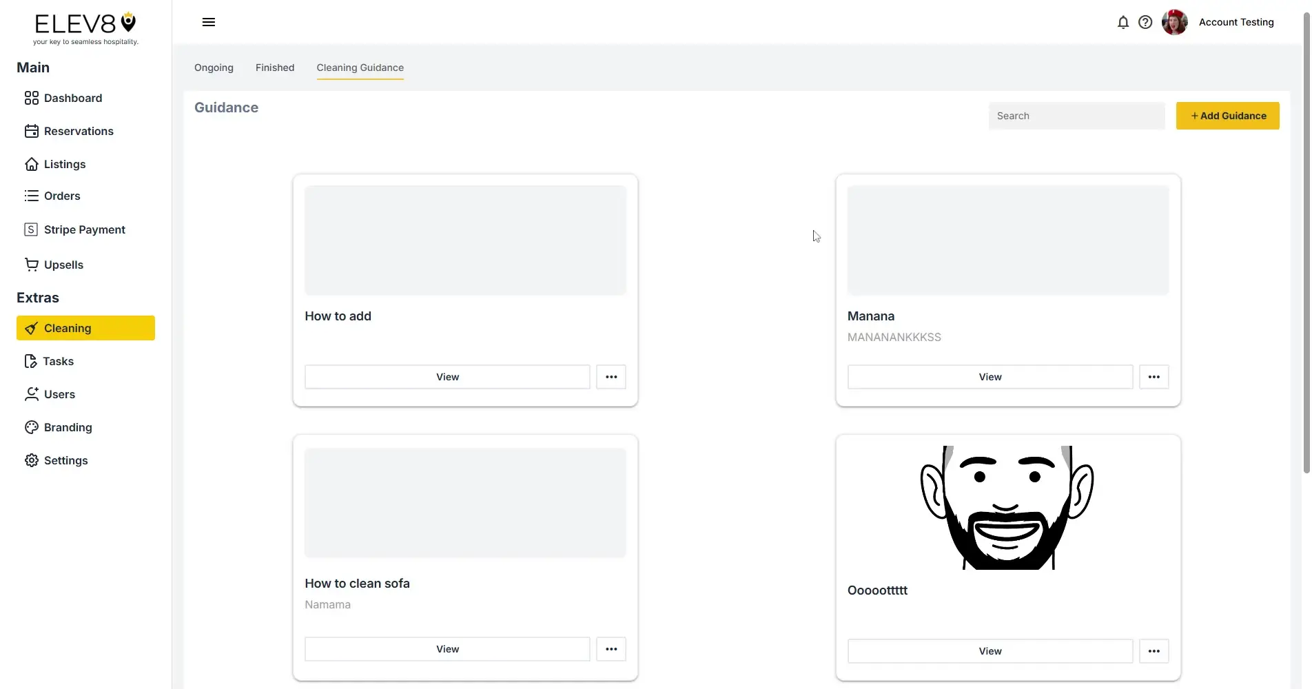 ELEV8 platform Cleaning Guidance section with guidance cards and add guidance button.