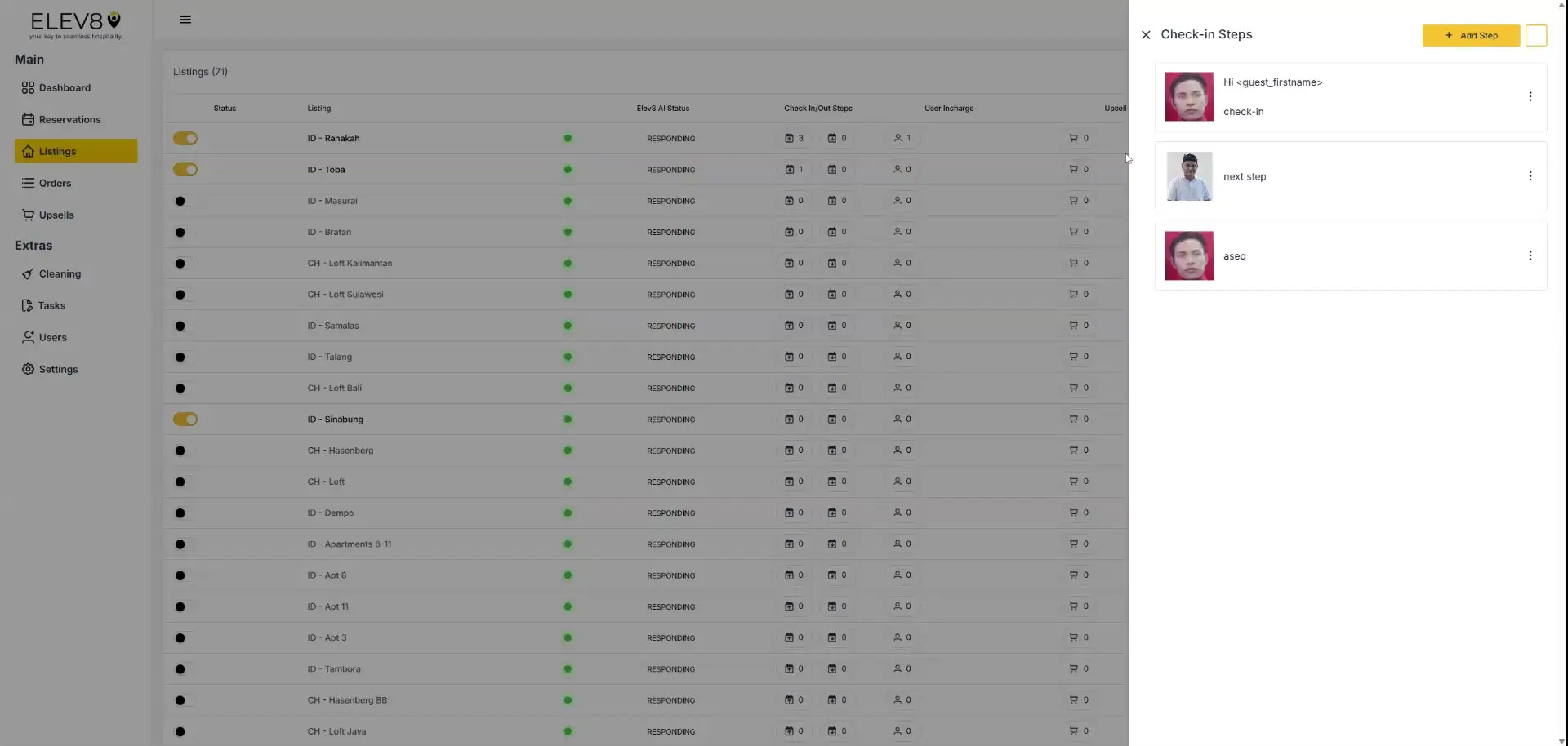ELEV8 platform Listings section with check-in steps panel open.