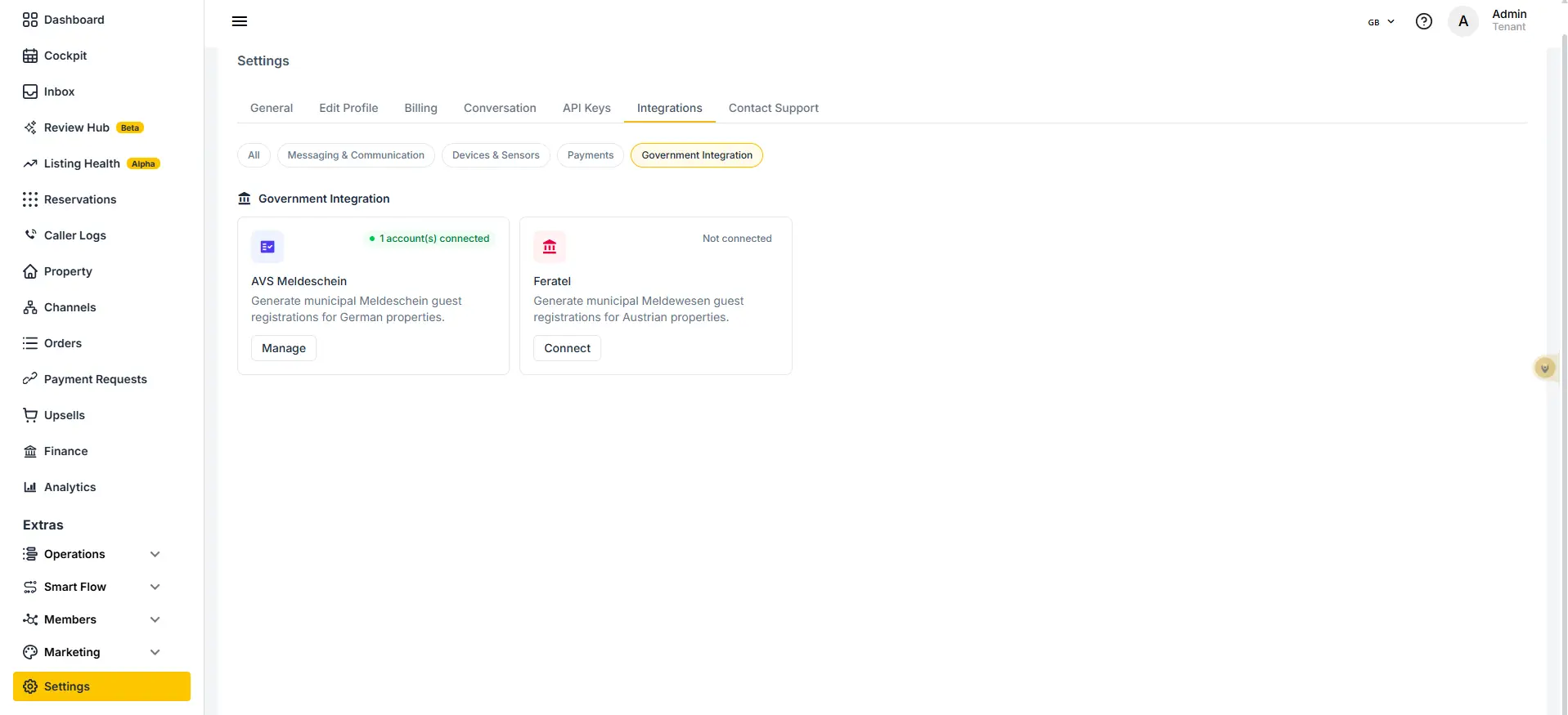 ELEV8 Settings Integrations Government Integration page showing AVS Meldeschein and Feratel options.
