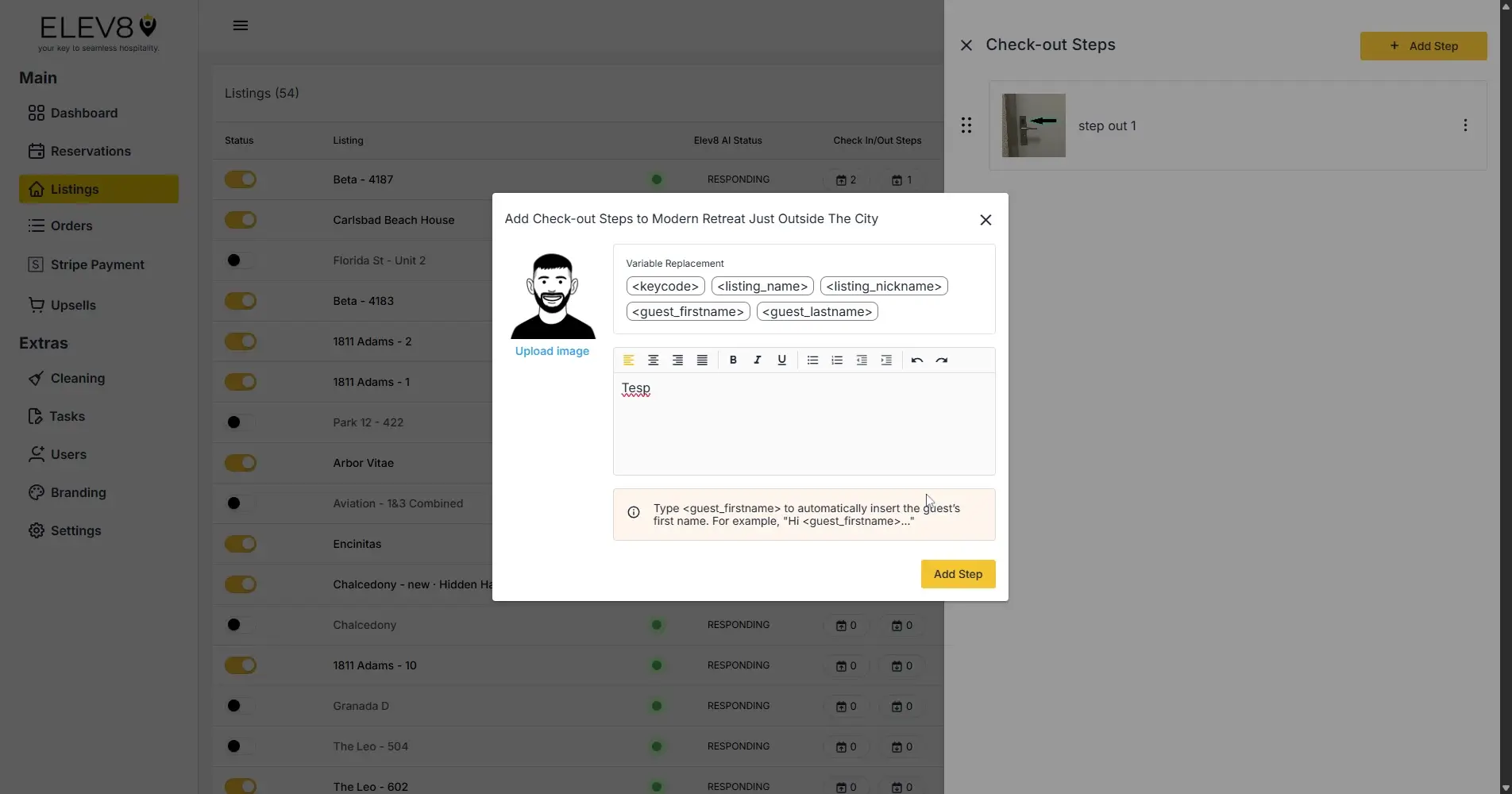 ELEV8 platform interface showing the process of adding check-out steps for a listing.