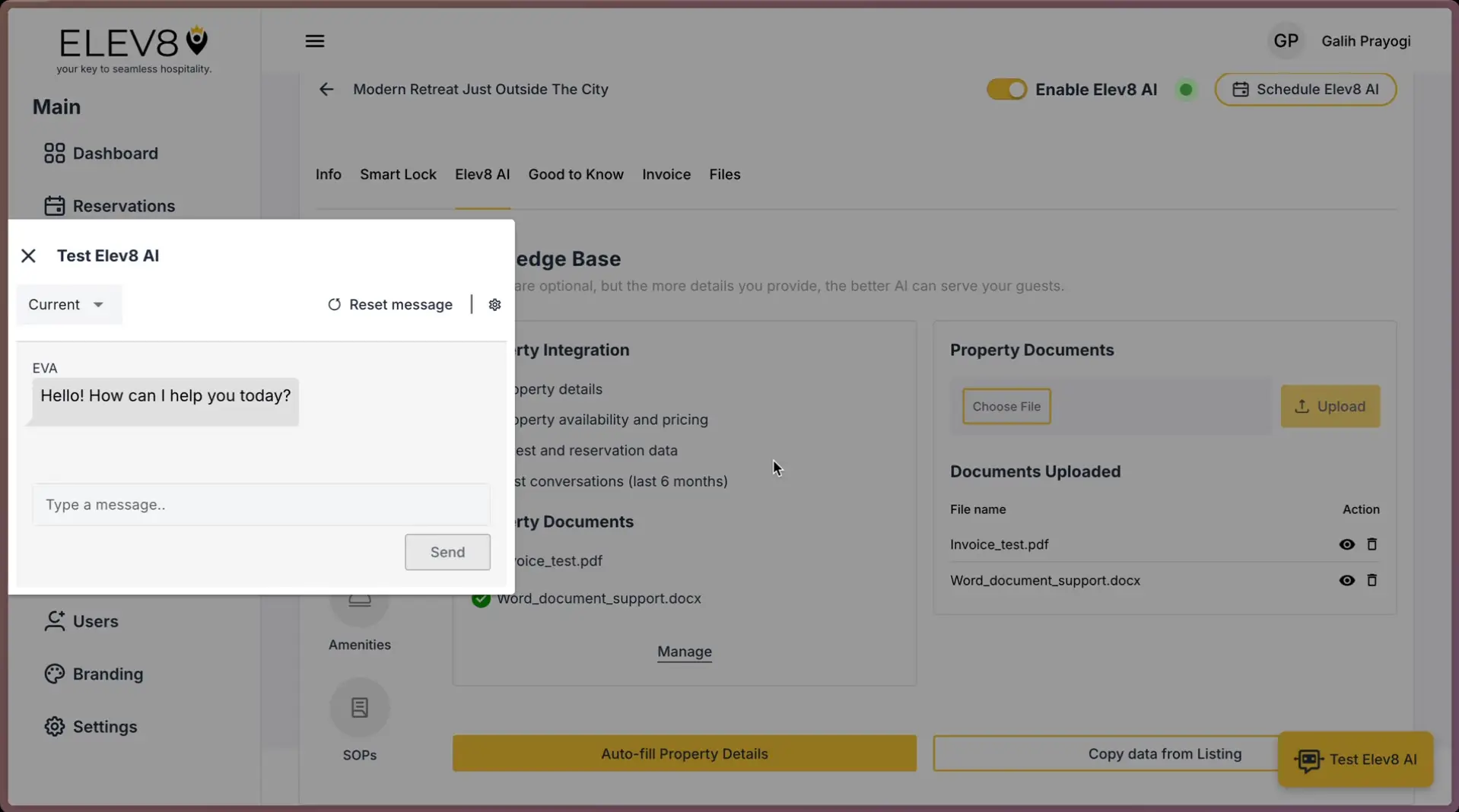 ELEV8 AI interface with chat window and property document management.