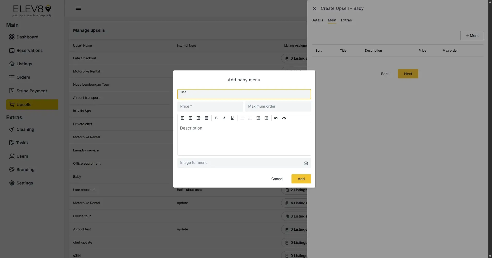 ELEV8 platform upsell creation screen with add baby menu interface.