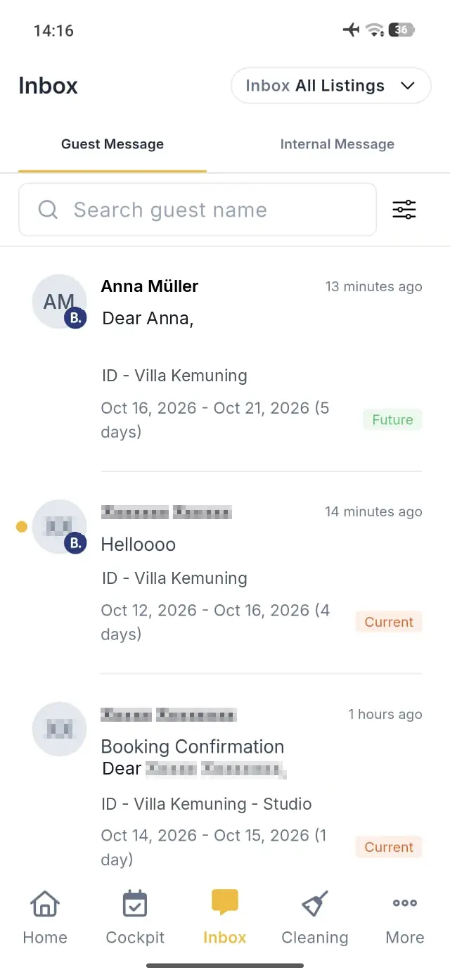 Elev8 Go mobile app Inbox screen showing guest messages and booking details.