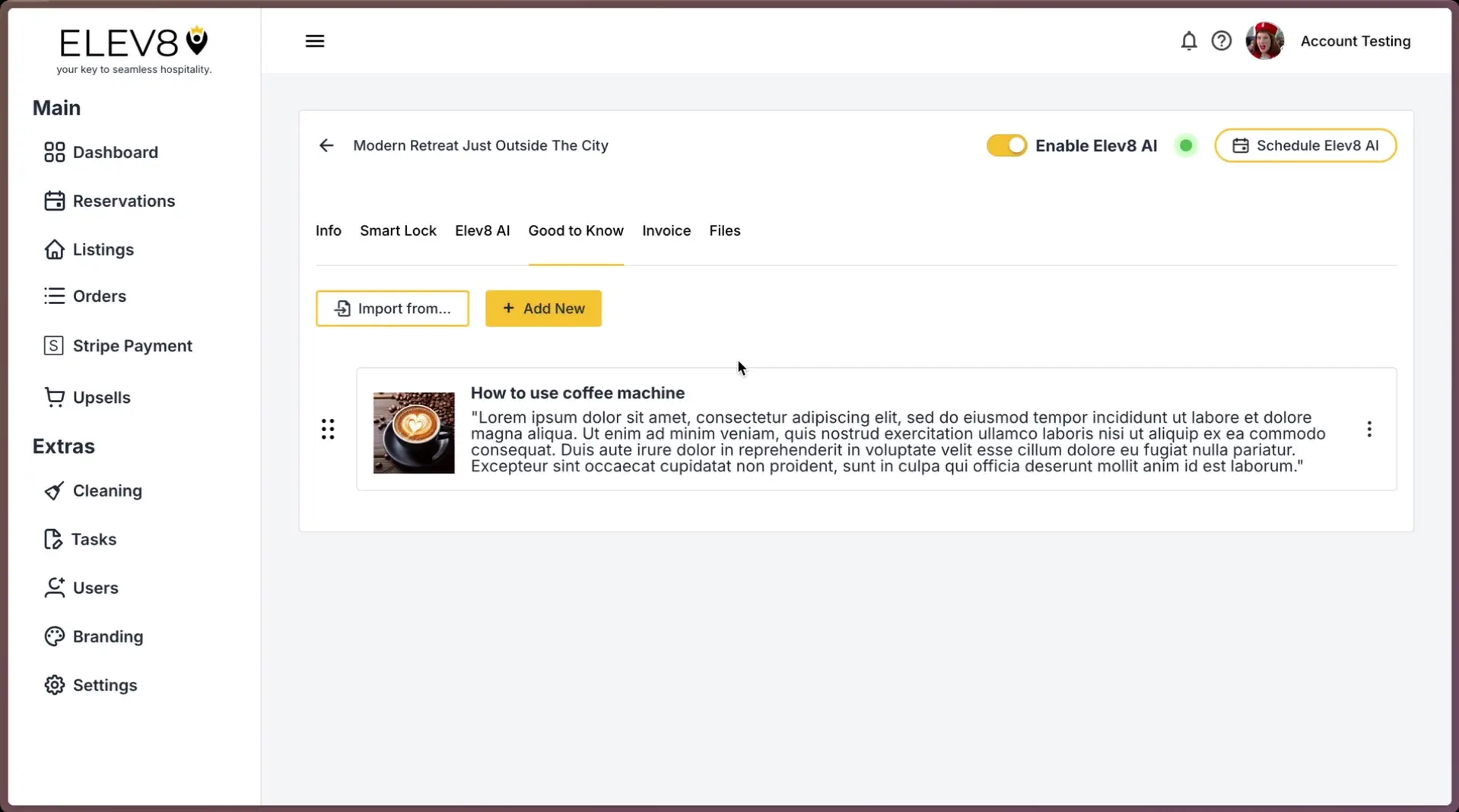 ELEV8 platform Listings section with Elev8 AI options and article card.