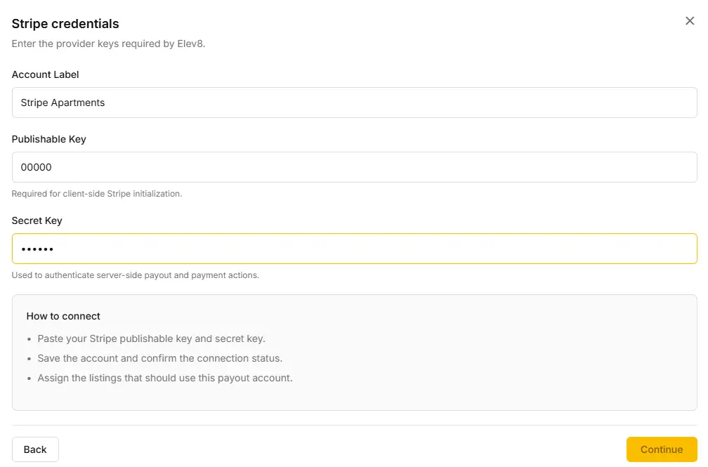 ELEV8 Stripe credentials setup screen with fields for Account Label, Publishable Key, and Secret Key.