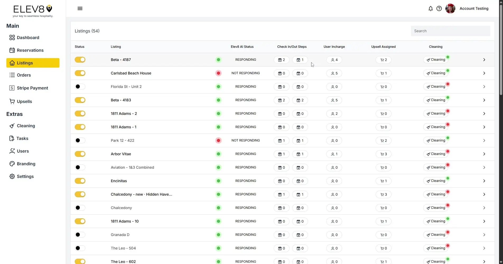 ELEV8 Listings page showing property statuses and management options.
