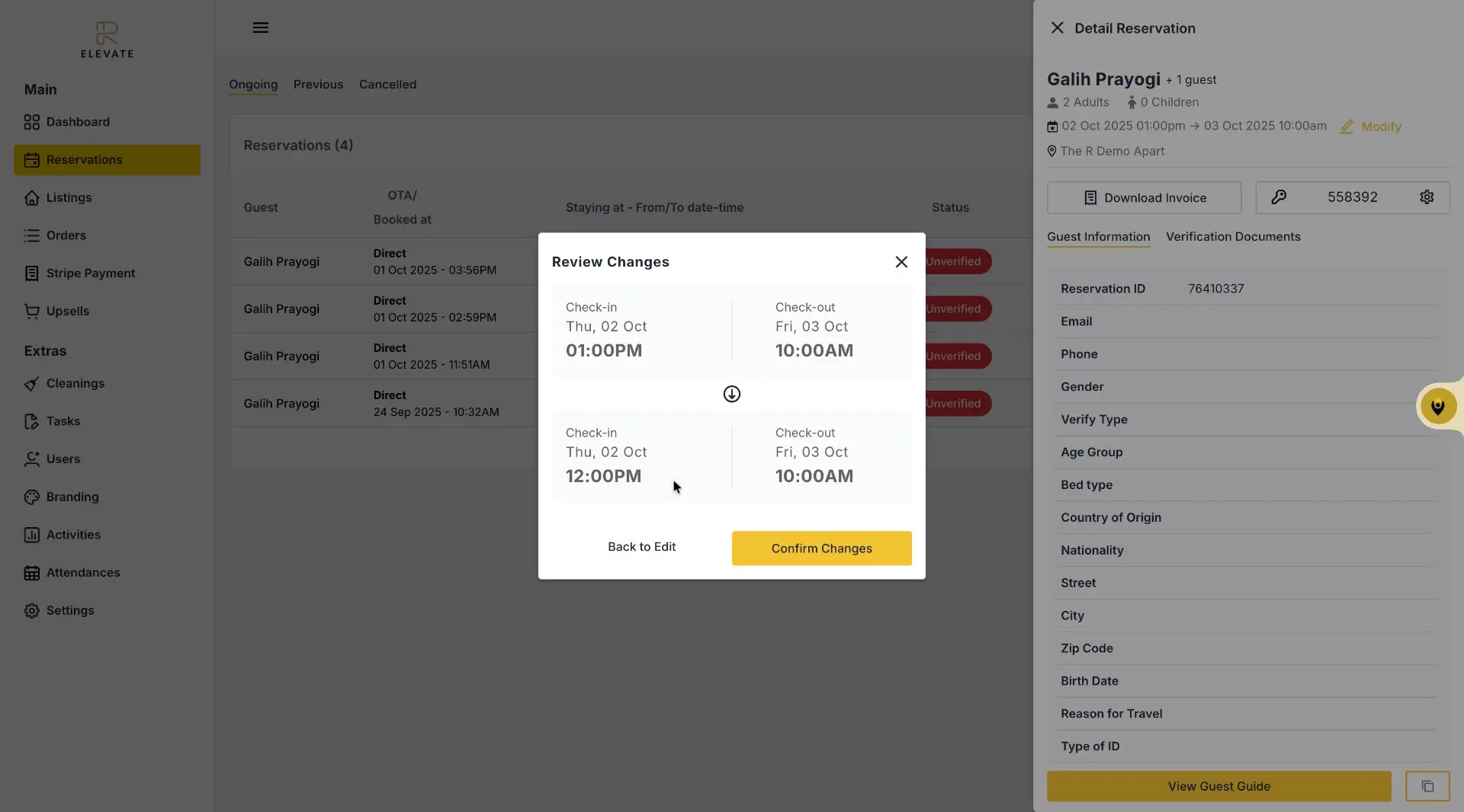 The user is reviewing changes to a reservation, specifically the check-in time, before confirming the update.
