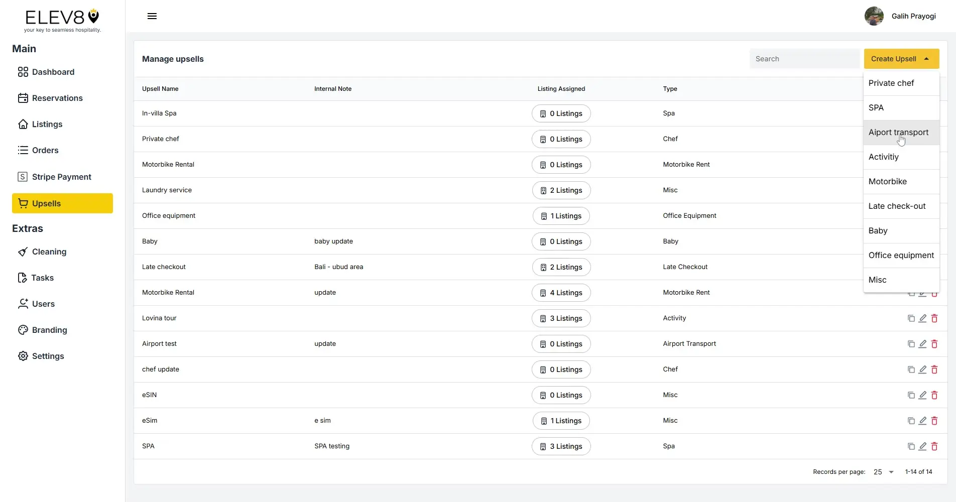 ELEV8 Manage Upsells page showing a list of upsells with options to create new upsells.