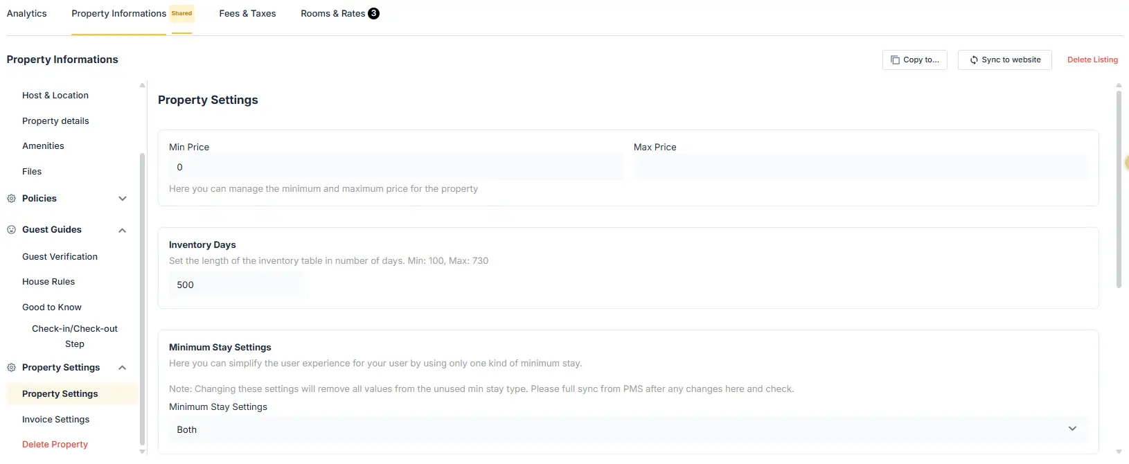 ELEV8 Property Informations - Property Settings page with pricing and inventory options.