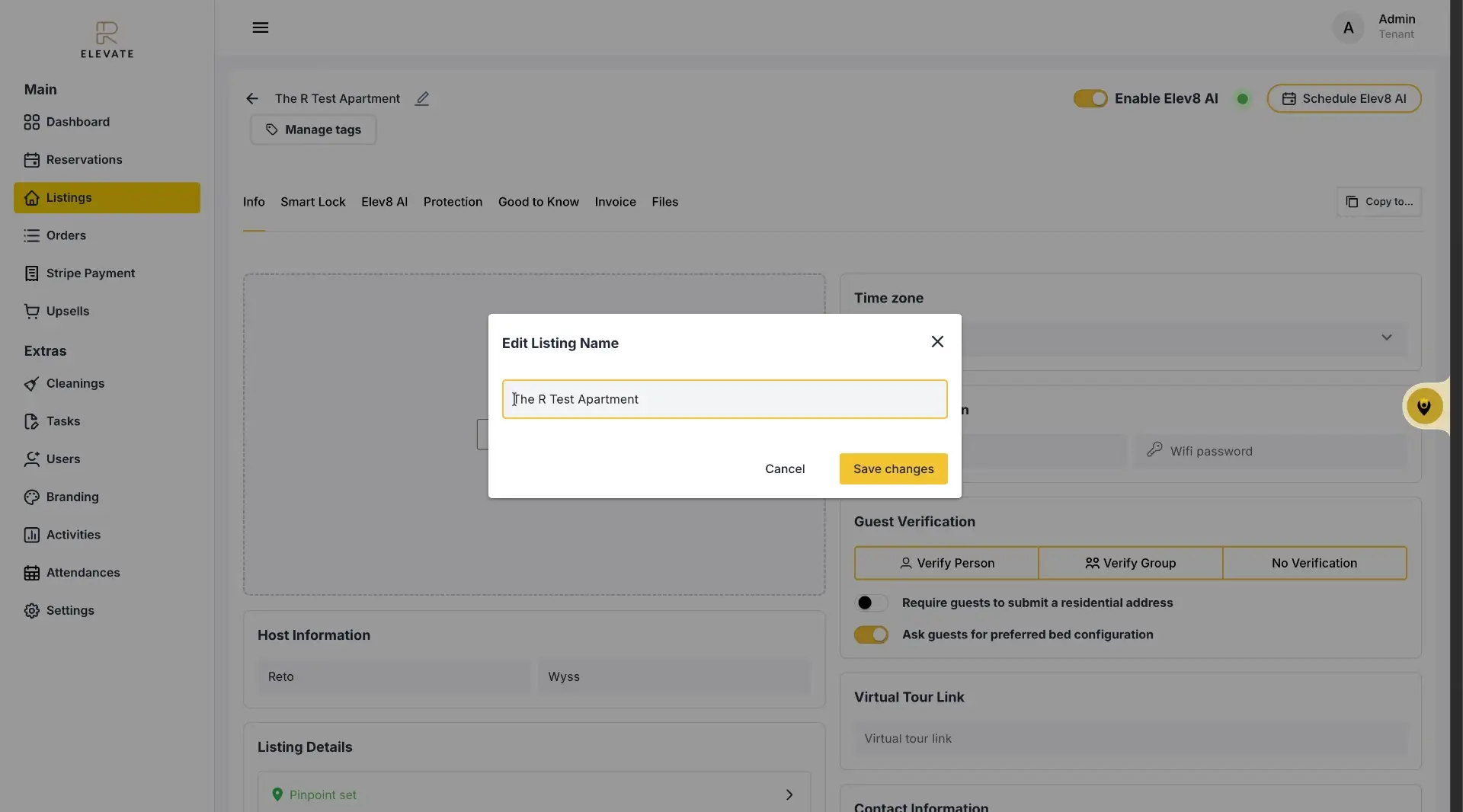 The user is editing the listing name in the ELEV8 platform. A modal is open, allowing the user to modify the listing name and save the changes.