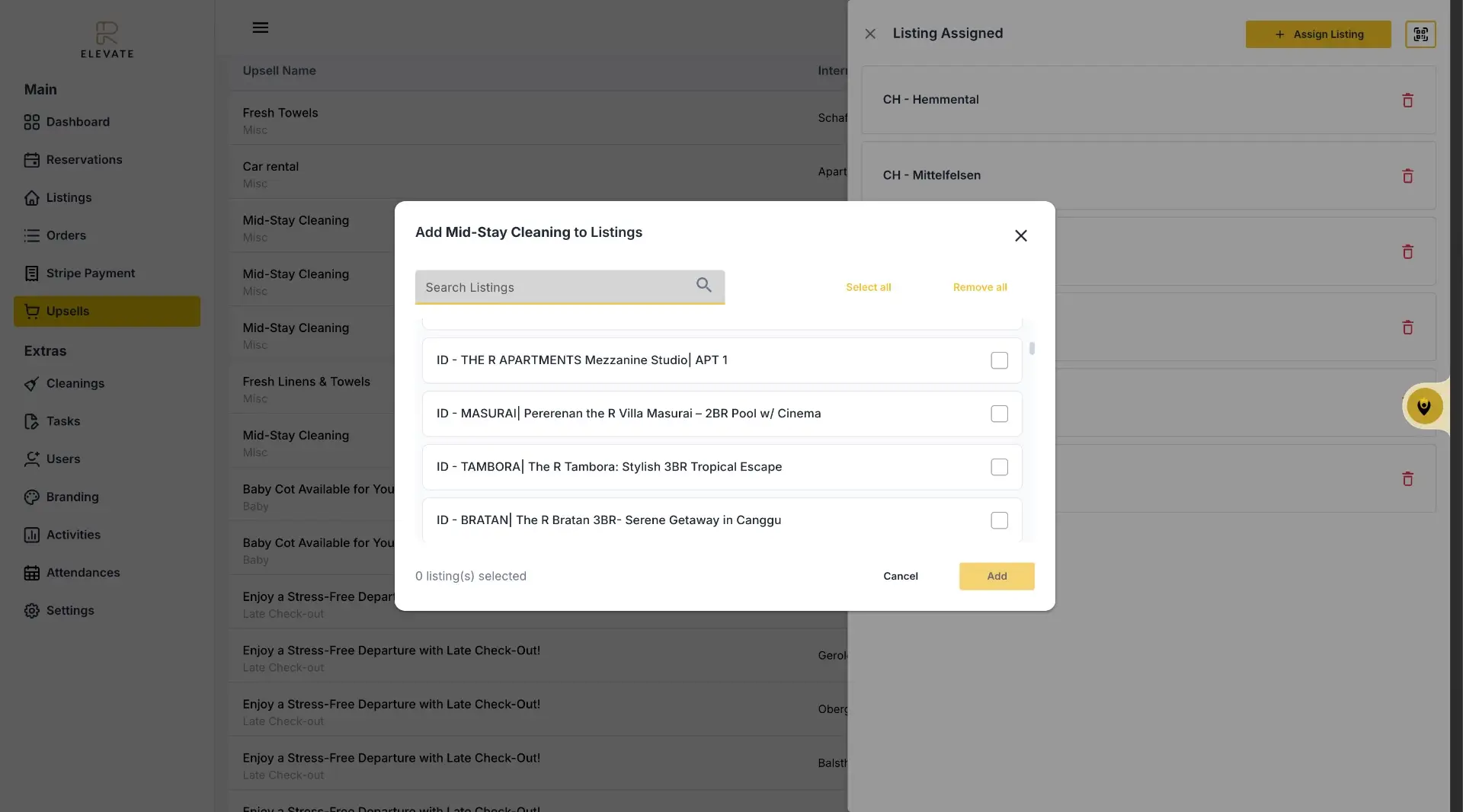 The user is in the process of assigning a mid-stay cleaning service to specific listings within the ELEV8 platform. A modal is open, displaying a list of available listings to select from.