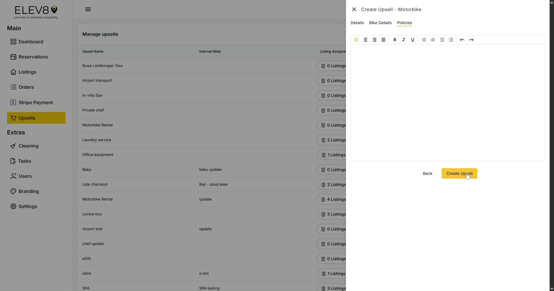 ELEV8 platform upsell management screen with create upsell panel open.