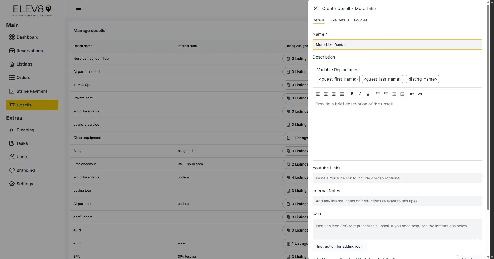 ELEV8 platform Create Upsell page for Motorbike Rental under Upsells section.