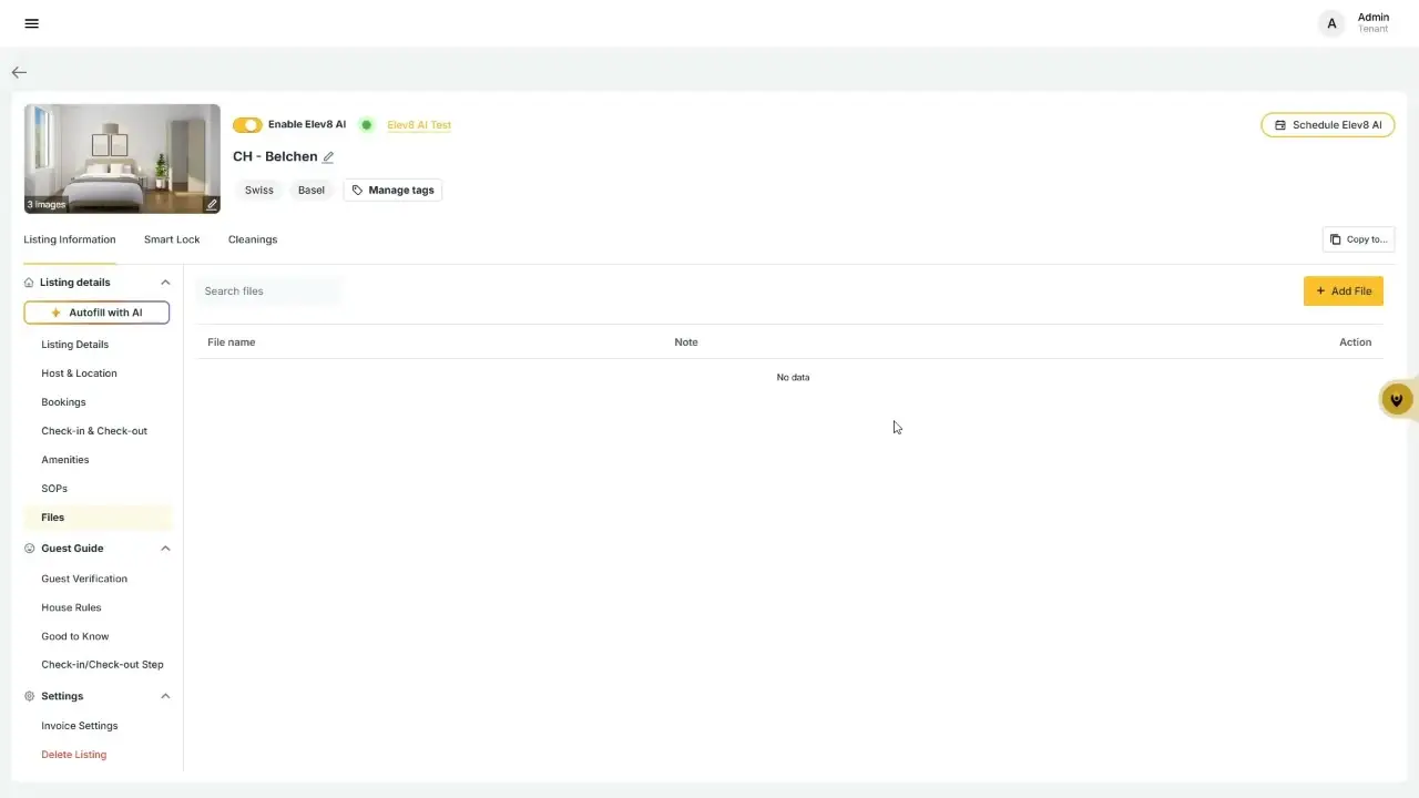 The user is on the "Files" page within the "Listing details" section of the ELEV8 product. They can see options to "Autofill with AI" and "Add File", and a table displaying file names and notes, which currently shows "No data".