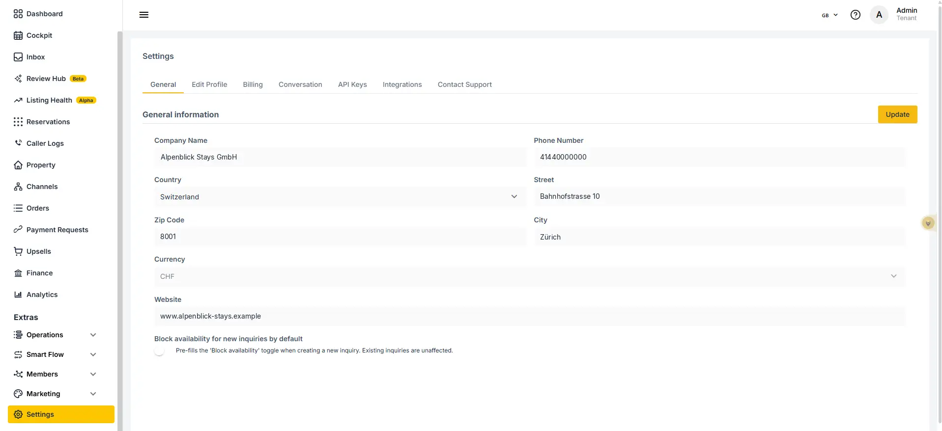 ELEV8 Settings General Information Page