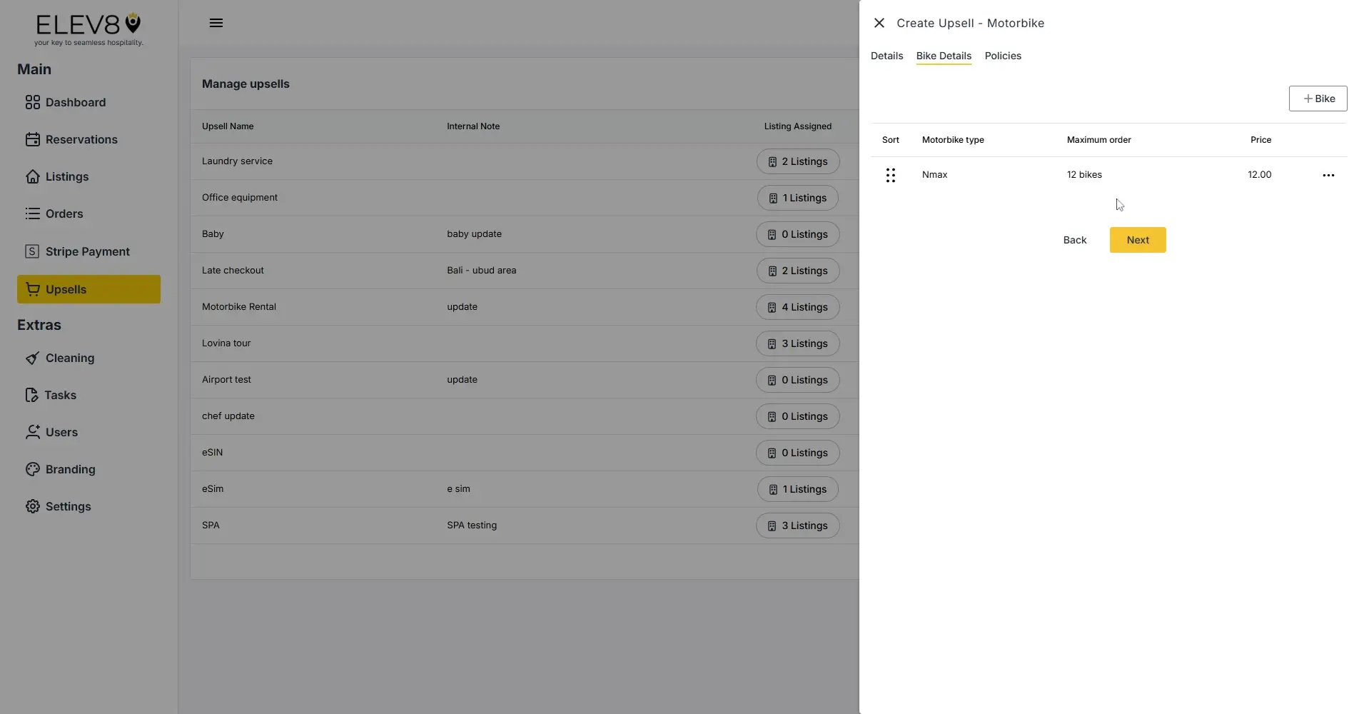 ELEV8 platform upsell management screen with navigation menu and create upsell motorbike details.