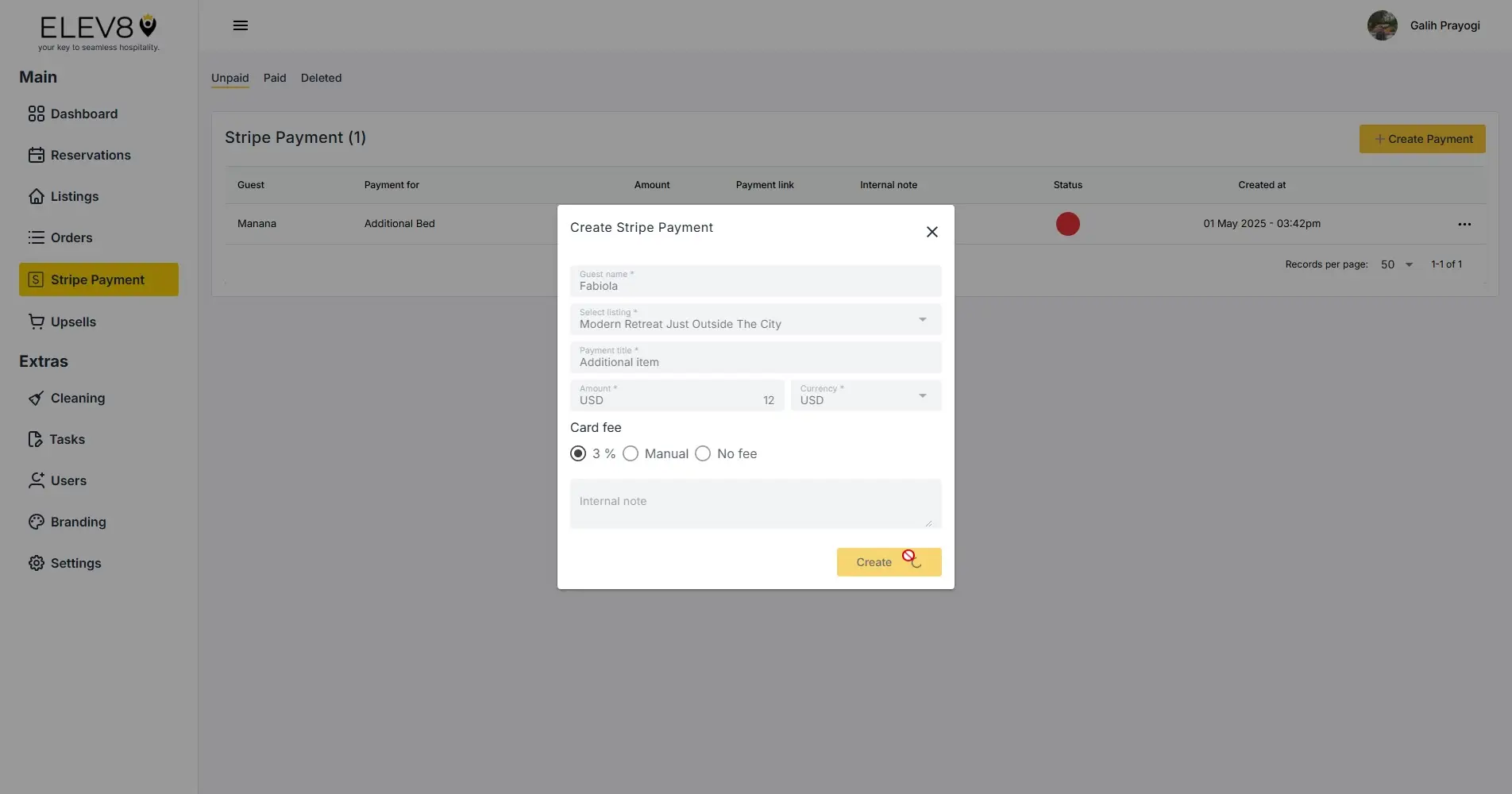 ELEV8 Stripe Payment screen with Create Stripe Payment modal open