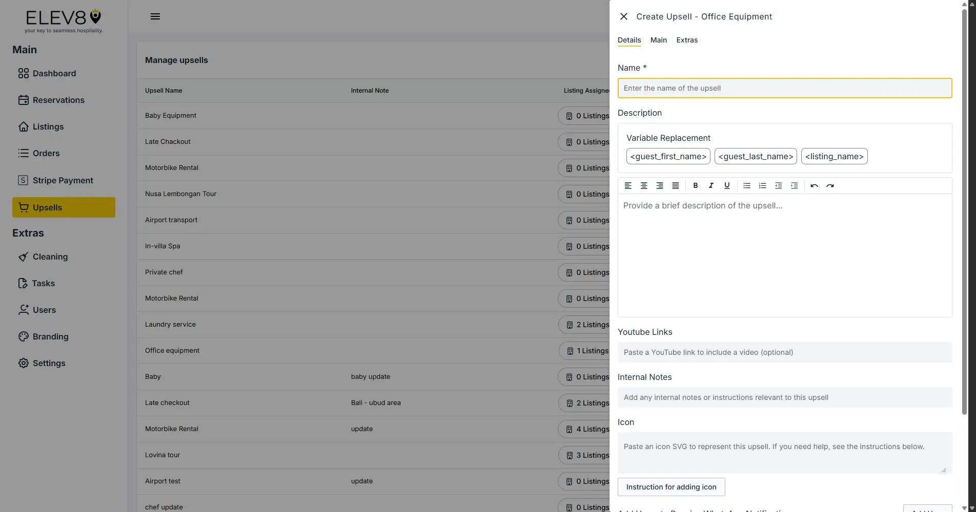 ELEV8 platform create upsell page with navigation menu and upsell creation form.