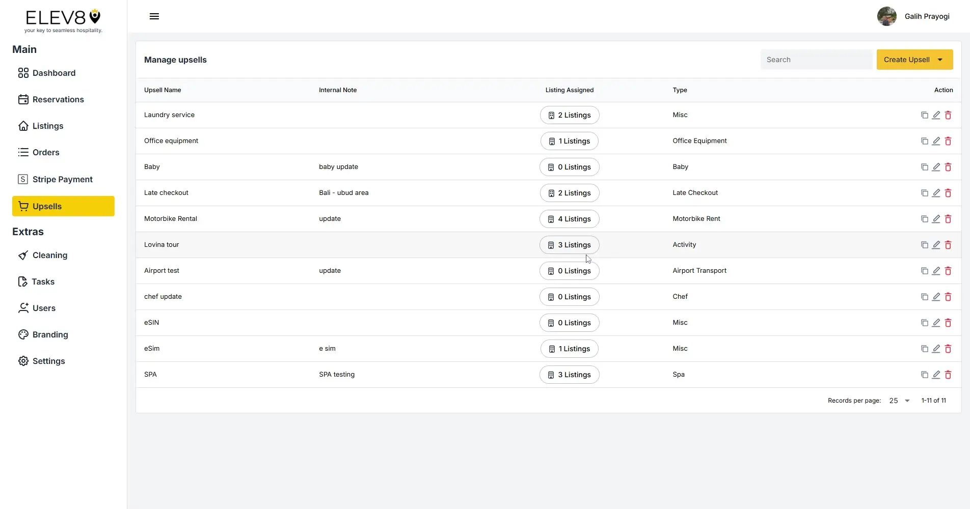 ELEV8 platform Manage Upsells page showing a list of upsell items with options to edit or delete.