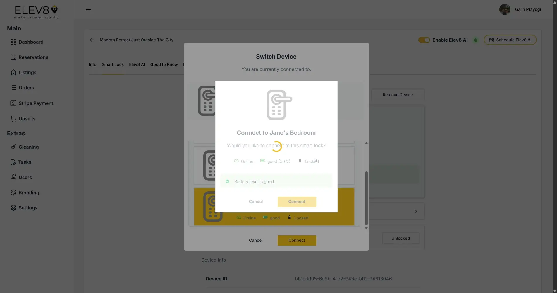 ELEV8 platform switch device pop-up for connecting to Jane's Bedroom smart lock.
