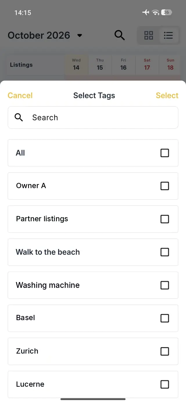 Elev8 Go app tag selection screen for October 2026