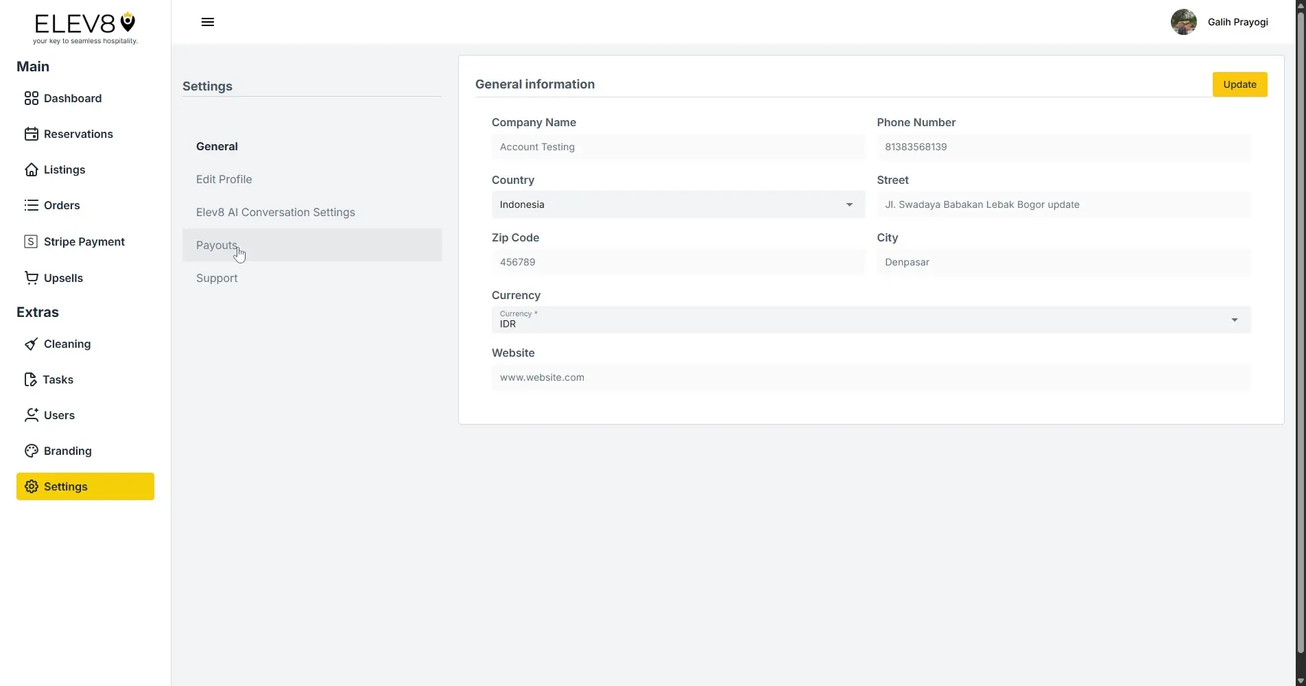 ELEV8 platform settings page showing general information fields under payouts section.