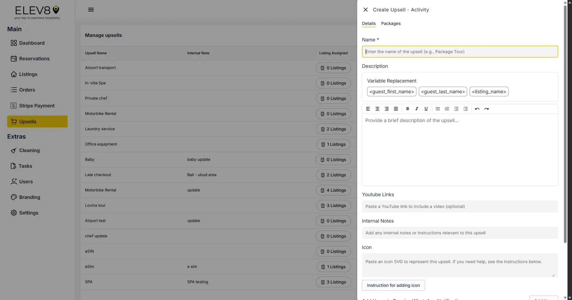 ELEV8 platform Manage Upsells and Create Upsell Activity screen.