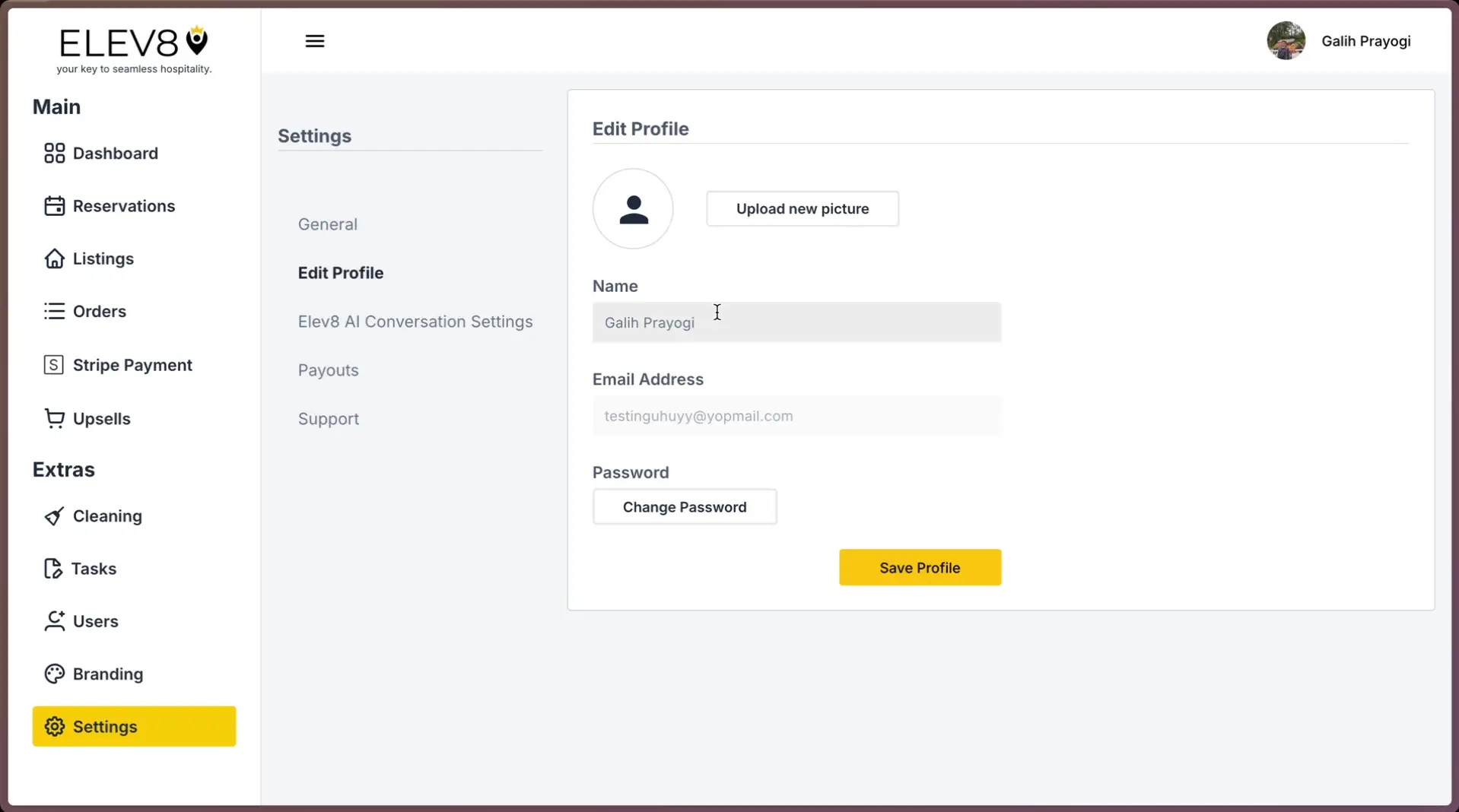 ELEV8 Settings Edit Profile page with options to upload a new picture, change name, email, and password.