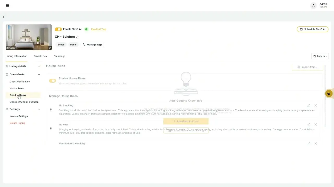 The user is on the "Good to Know" page, managing house rules for a listing. They can enable house rules and add specific information such as "No Smoking" and "No Pets" policies.