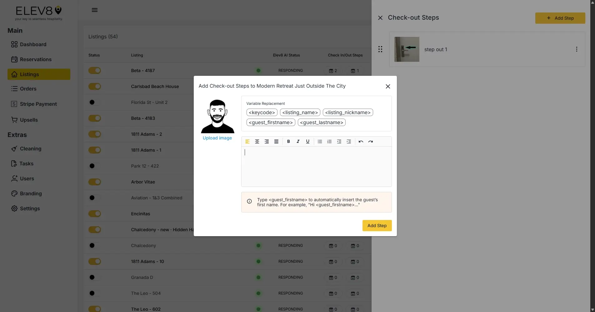 ELEV8 platform interface showing the process of adding check-out steps for a listing.