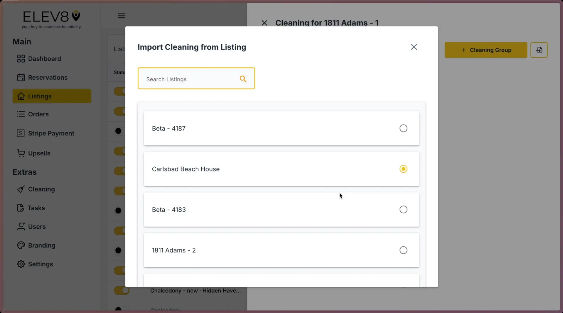 ELEV8 Import Cleaning from Listing interface with search bar and listing options.