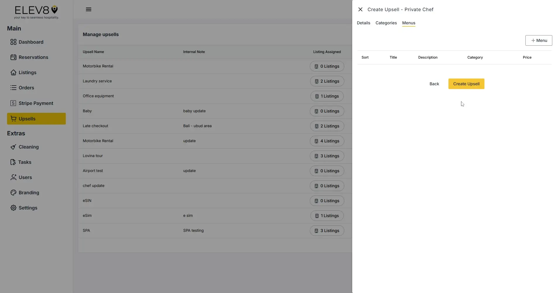 ELEV8 platform Manage Upsells and Create Upsell interface