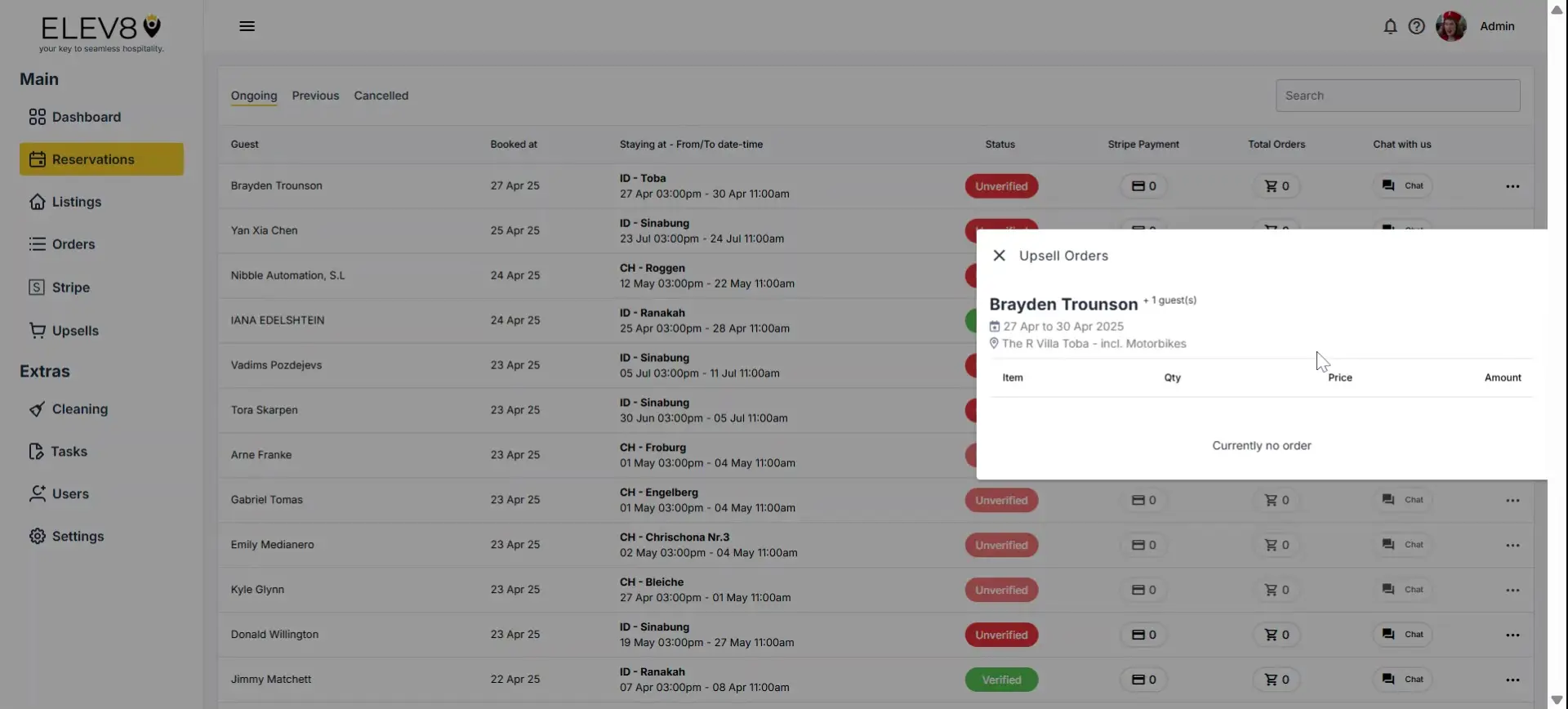 ELEV8 Reservations screen showing ongoing bookings with a pop-up for Brayden Trounson's upsell orders.