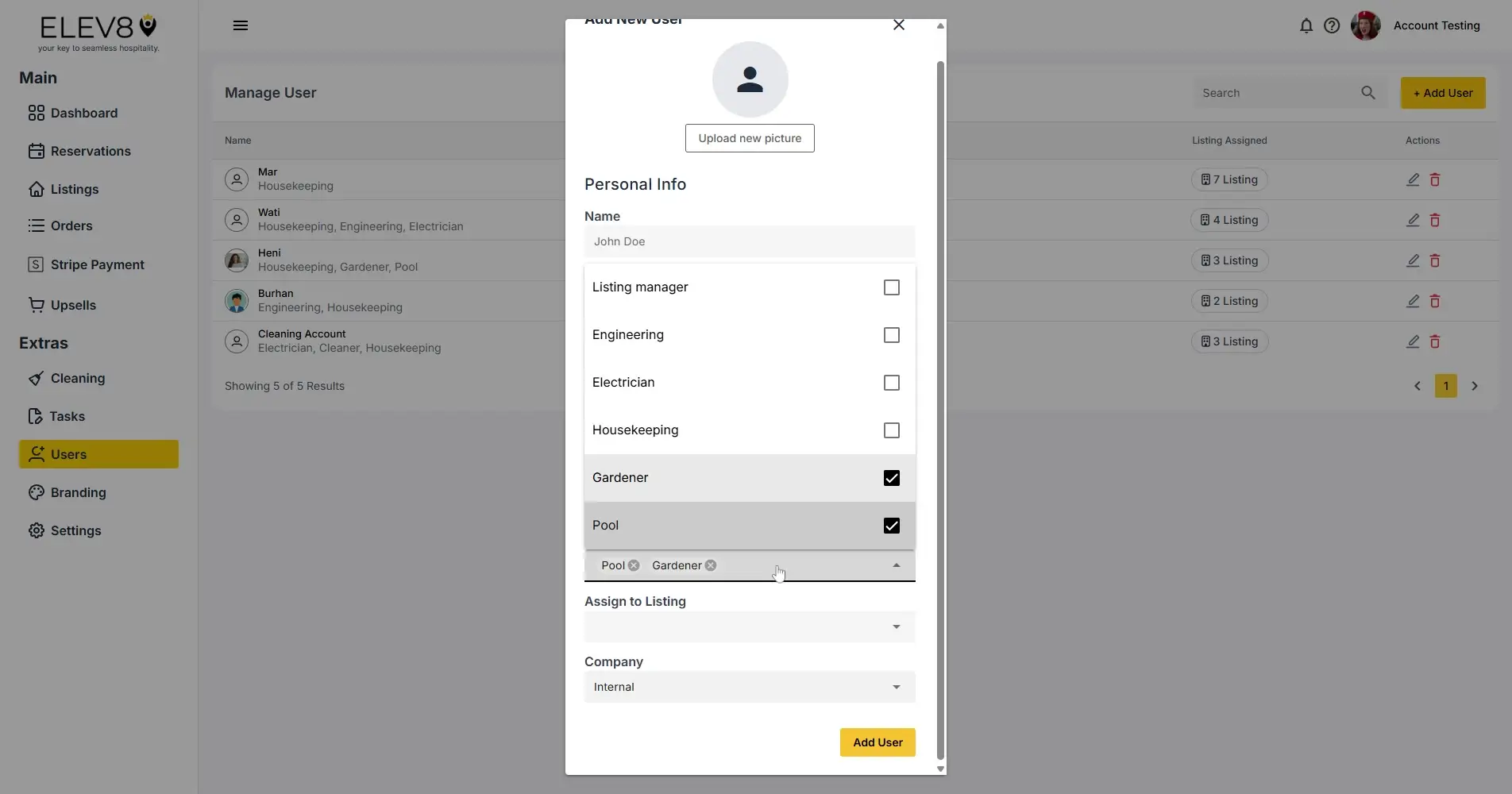 ELEV8 Manage User interface with Add New User modal open.