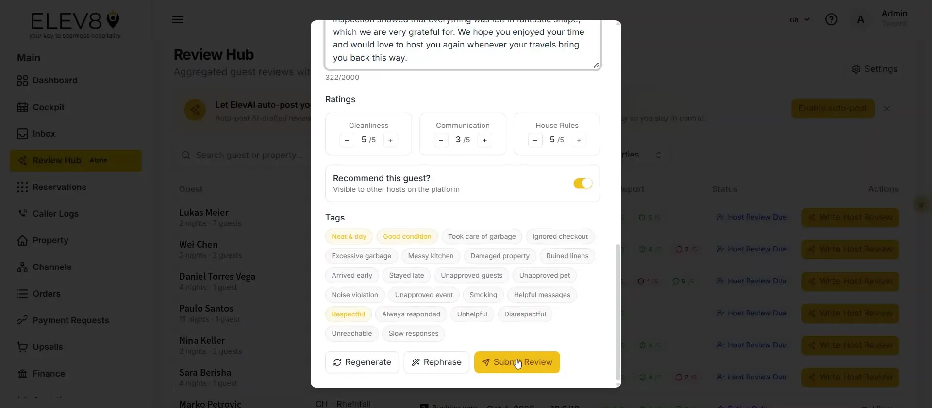 ELEV8 Review Hub page with guest review pop-up window open.