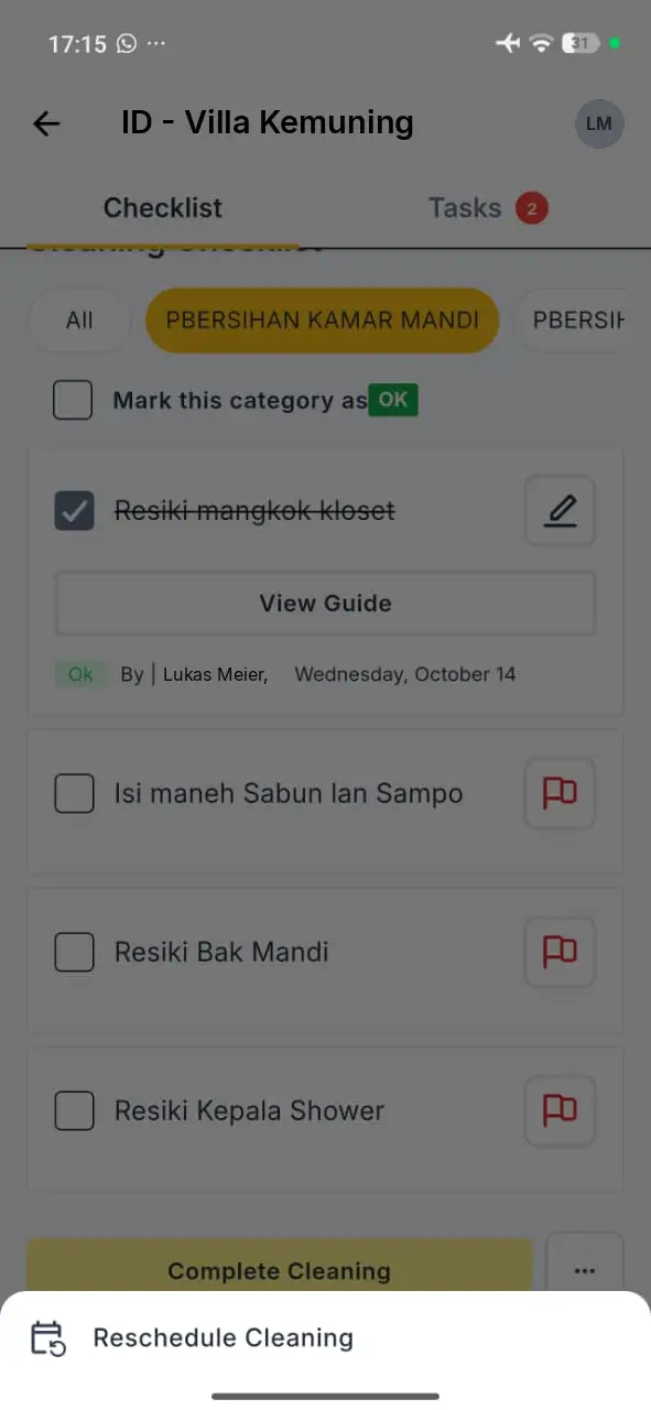 Elev8 Go app cleaning checklist for Villa Kemuning