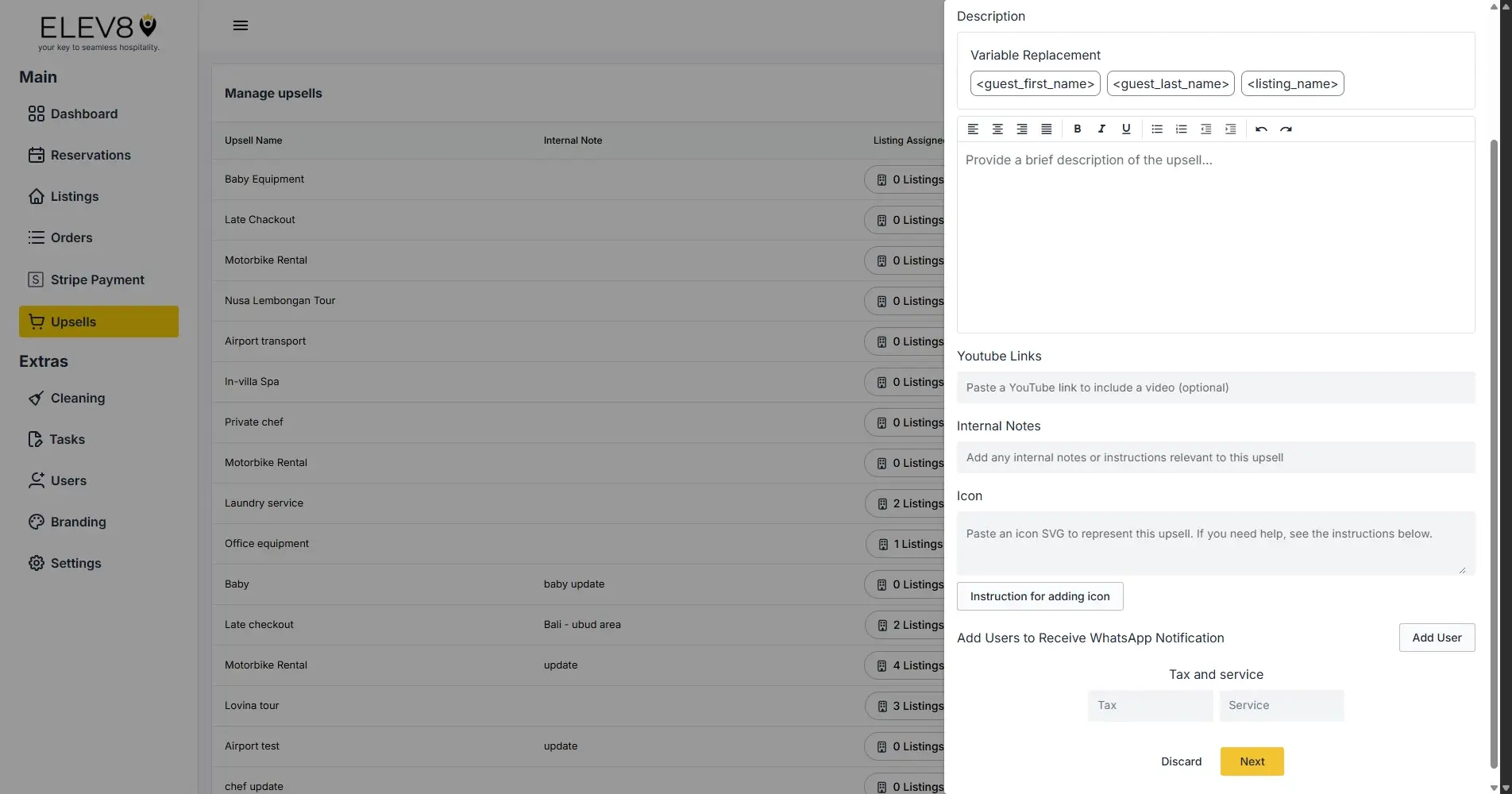 ELEV8 platform Manage Upsells screen with description panel