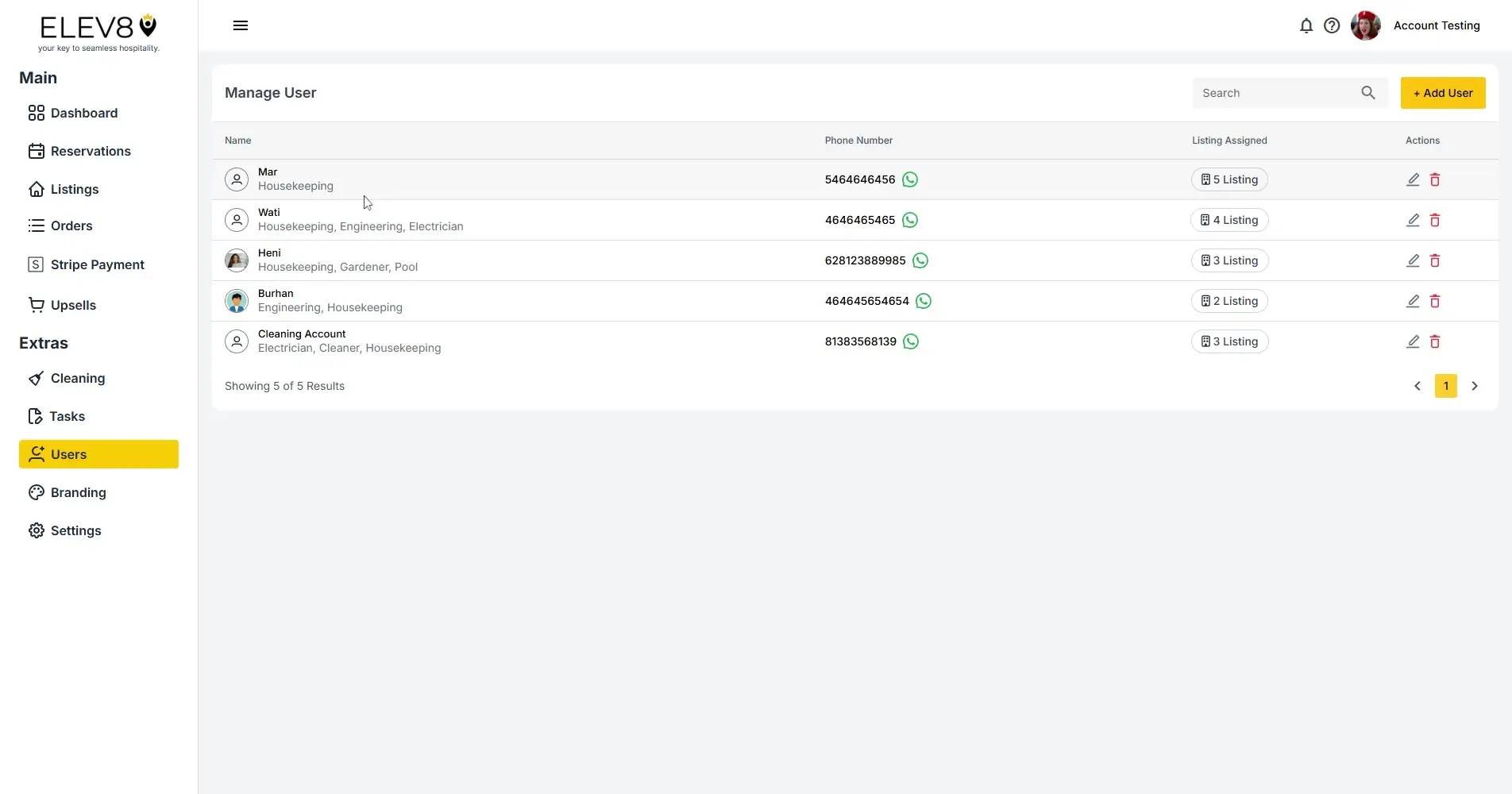 ELEV8 platform Manage User section showing user list and management options.