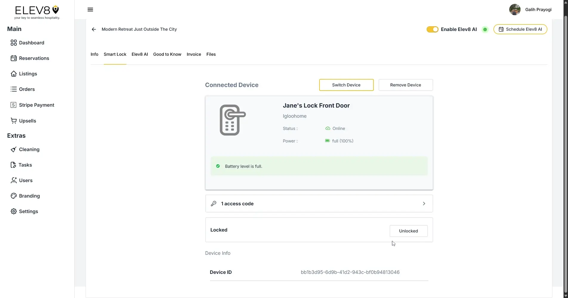 ELEV8 platform Smart Lock settings for Jane's Lock Front Door