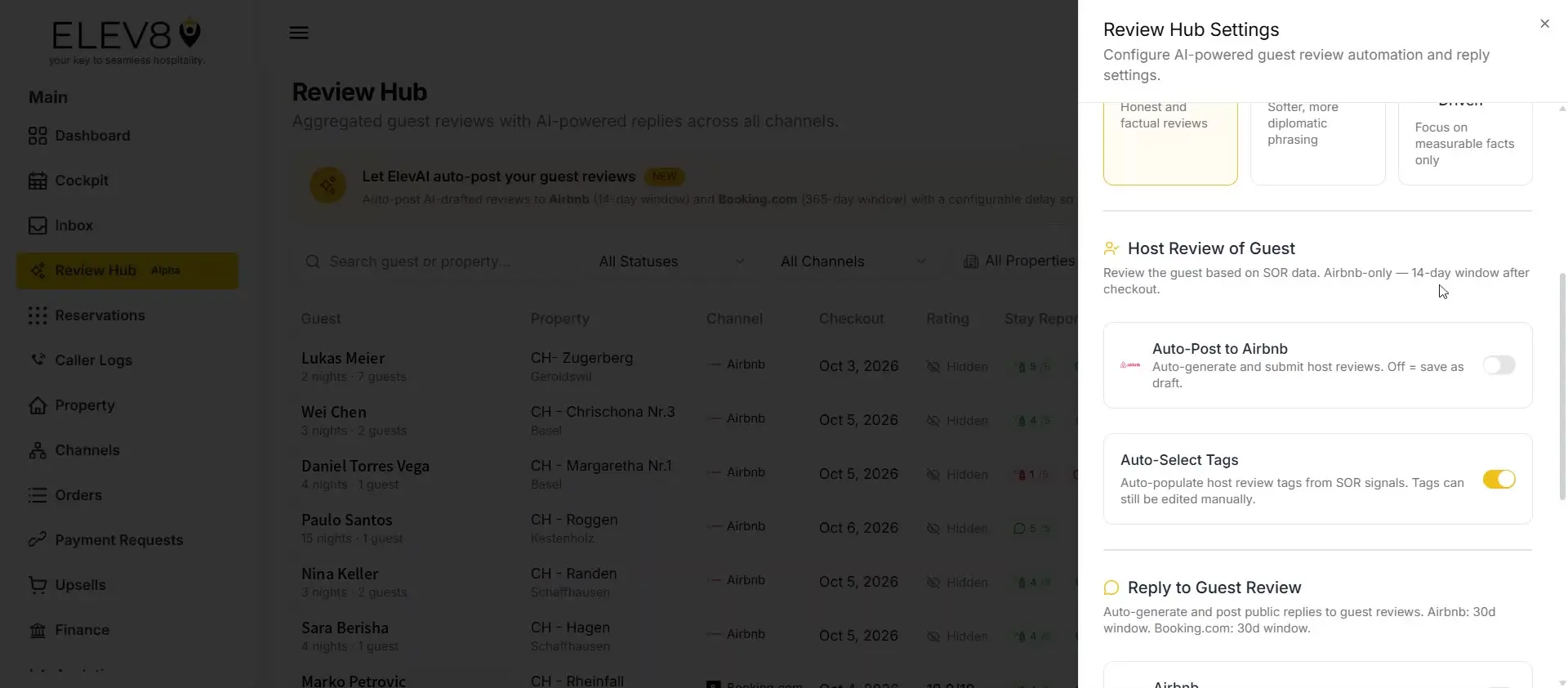 ELEV8 Review Hub page with Review Hub Settings panel open for configuring AI-powered guest review automation.