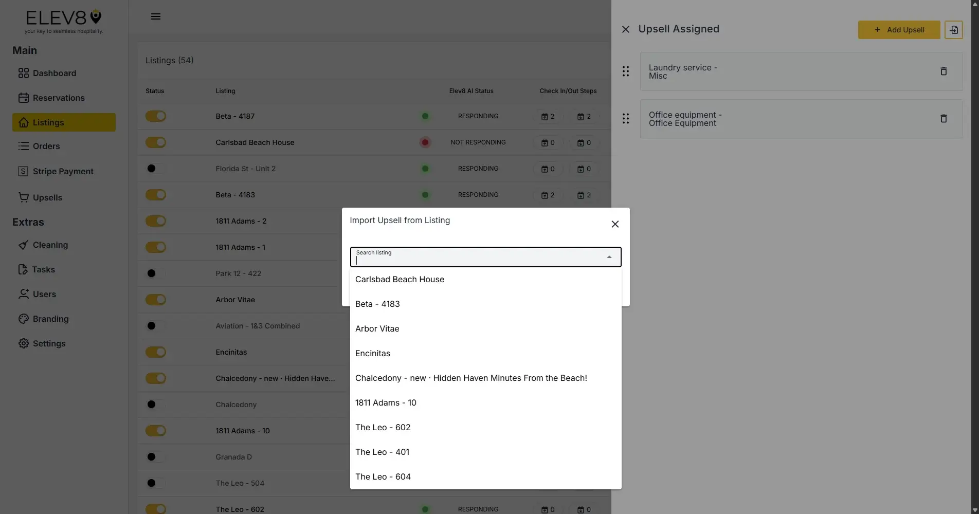 ELEV8 platform Listings feature with Import Upsell from Listing pop-up.