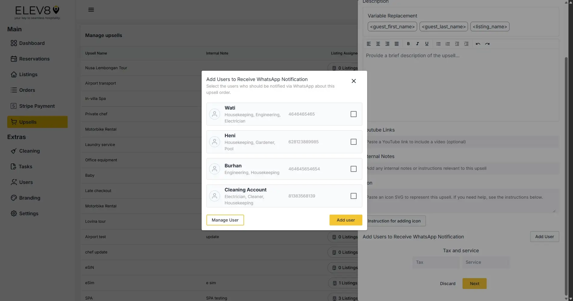ELEV8 platform Upsells section with Add Users to Receive WhatsApp Notification modal open.