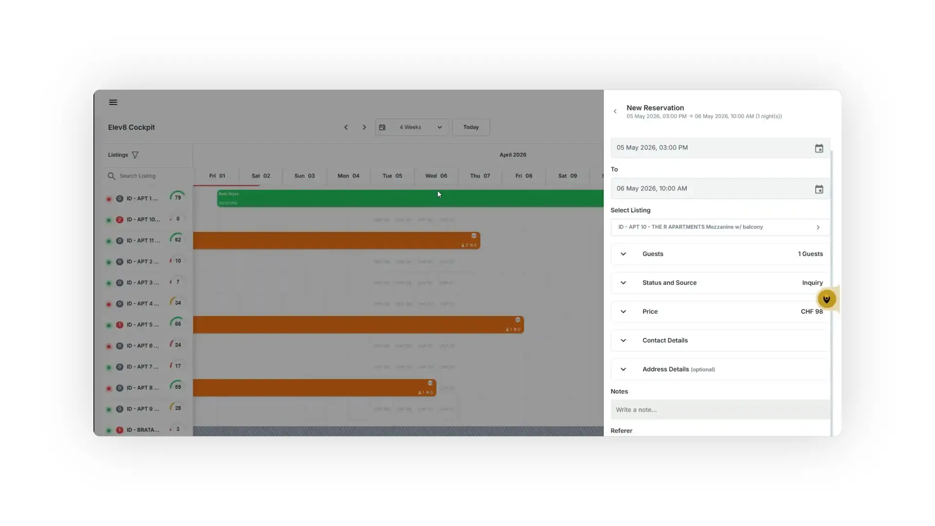 The user is viewing the Elev8 Cockpit, a reservation management tool. A new reservation form is open on the right side, pre-filled with dates and listing details. The calendar view on the left shows existing reservations and availability.