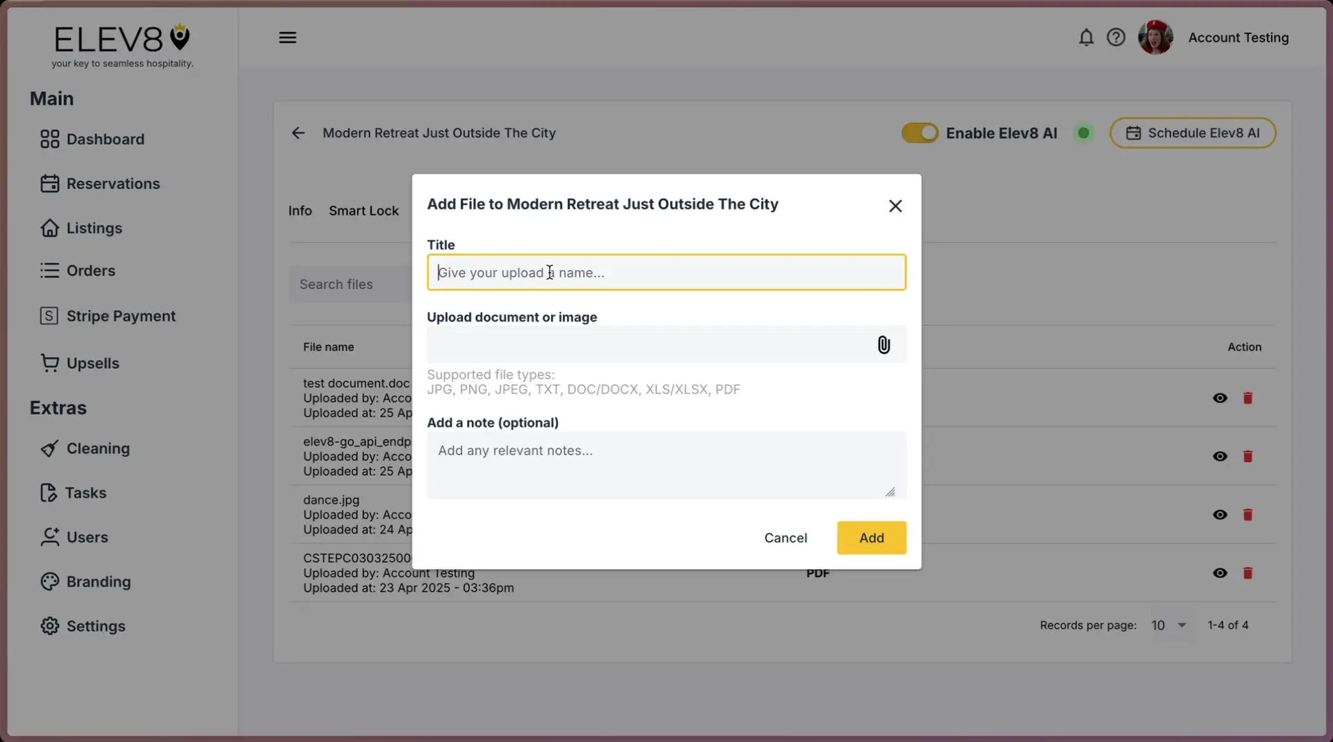 ELEV8 platform 'Add File' modal in Listings section