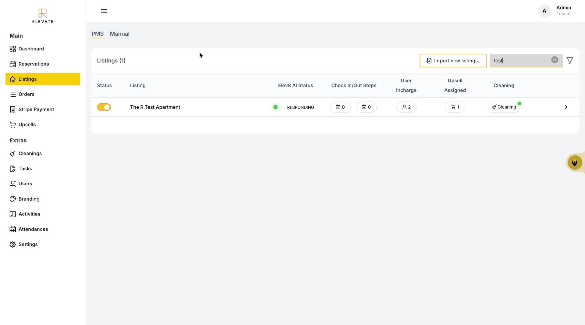 The user is on the Listings page, and has entered "test" into the search bar. The page displays a single listing, "The R Test Apartment".